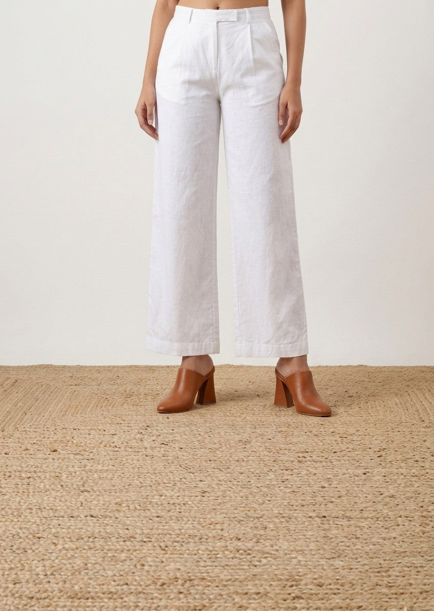 White Linen Cotton- Straight-Leg Pants