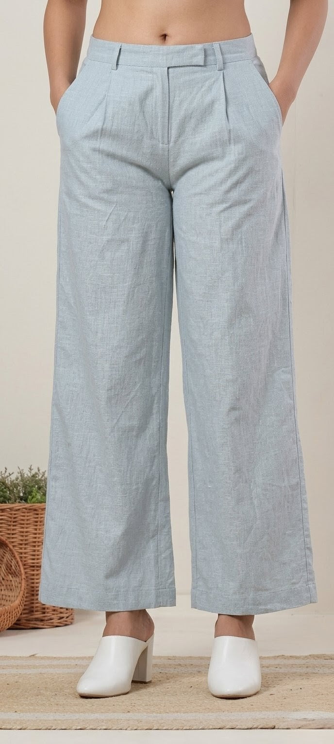 Cloud Grey Linen Cotton- Straight-Leg Pants