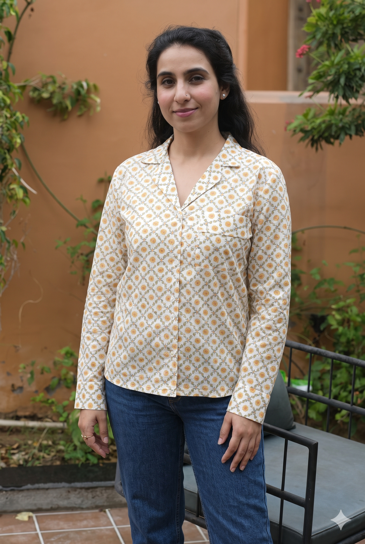 Mustard Floral Handblock Print Handloom Cotton Shirt