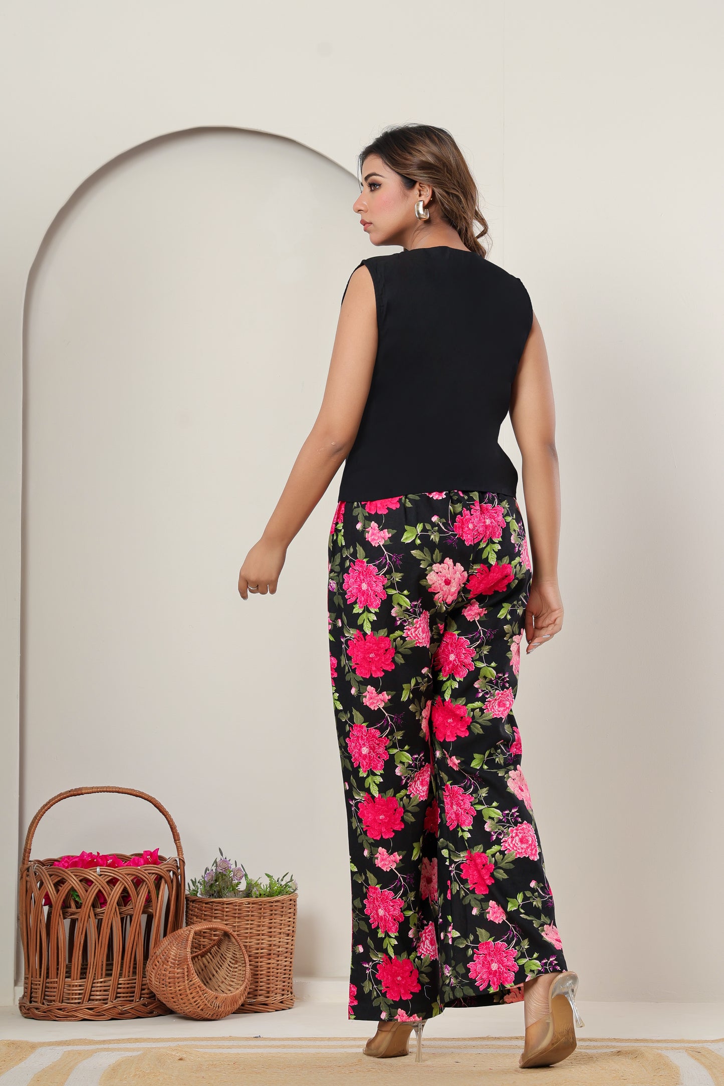 Floral Linen-Cotton Straight Pants for Women