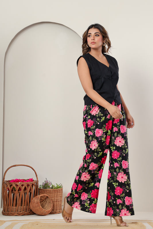 Floral Linen-Cotton Straight Pants for Women