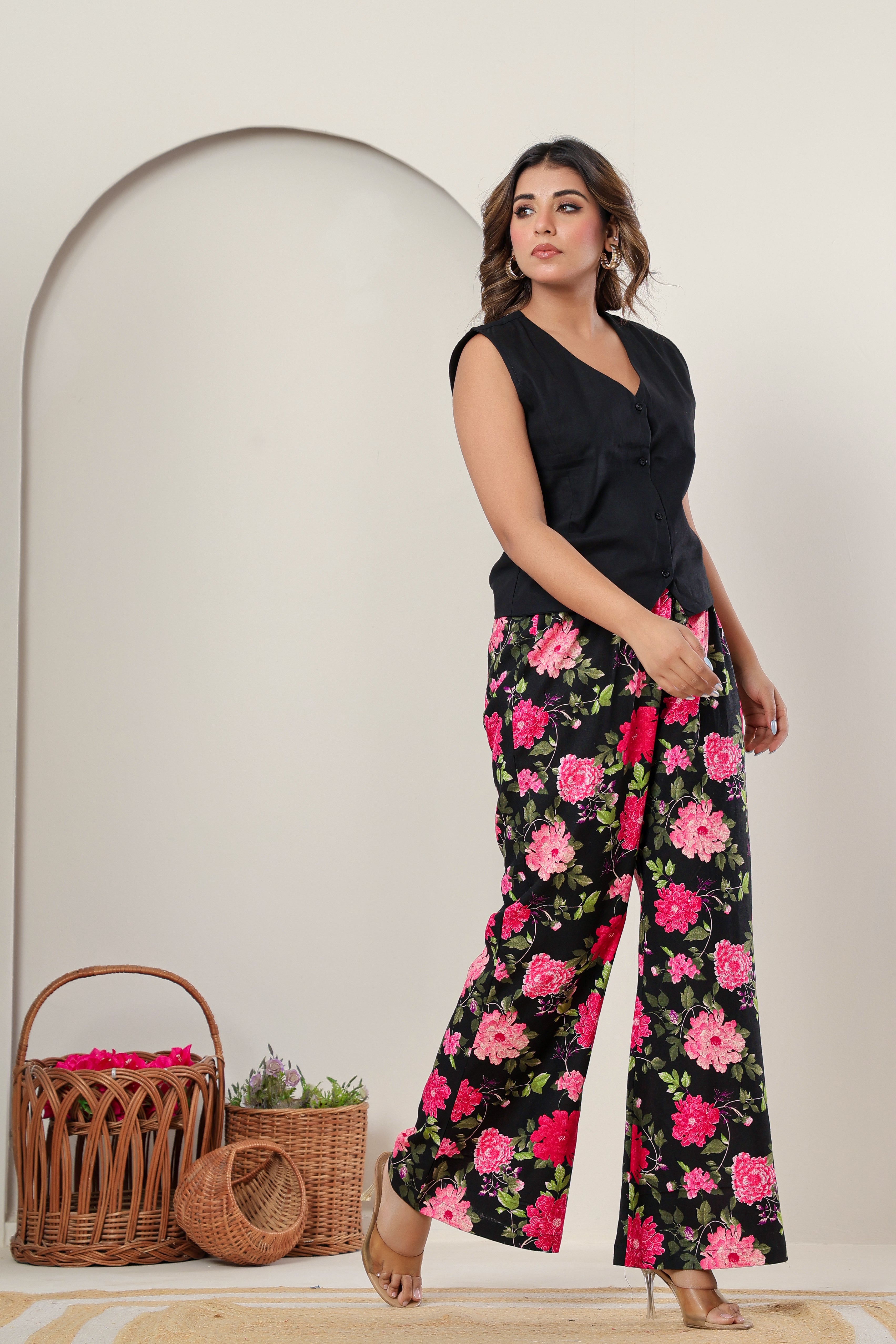 Floral Linen-Cotton Straight Pants