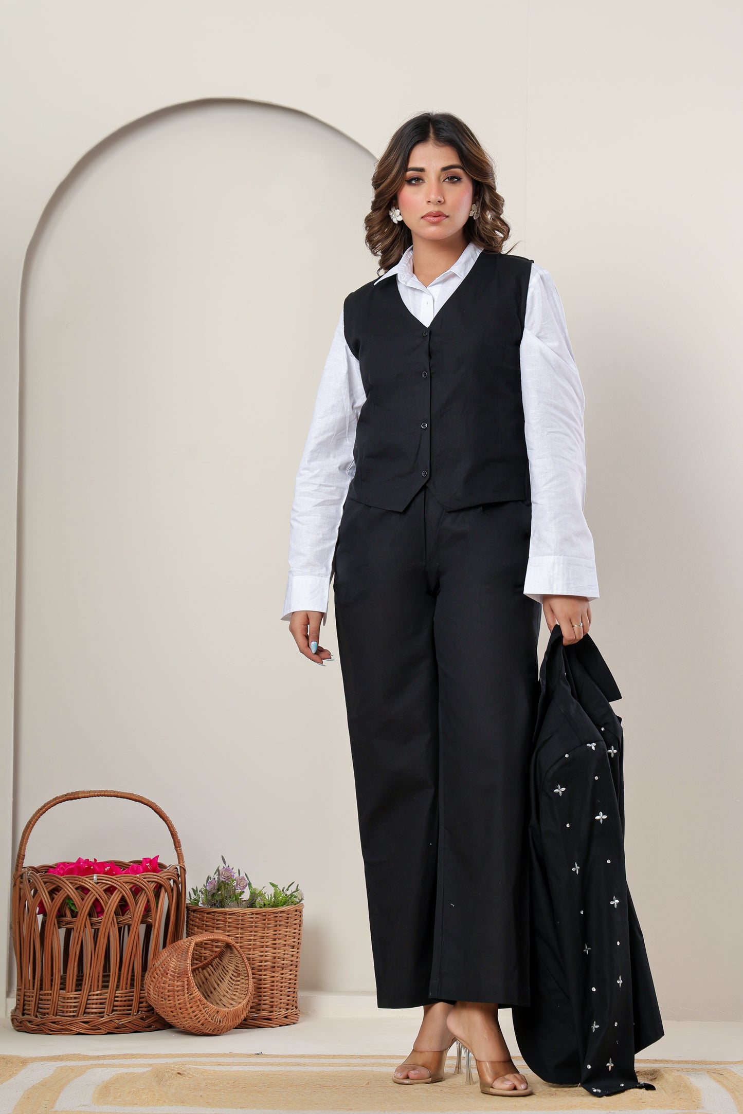 Black Linen-Cotton Embellished Blazer, Waistcoat & Pant Co-ord Set | Power Dressing for Modern Women