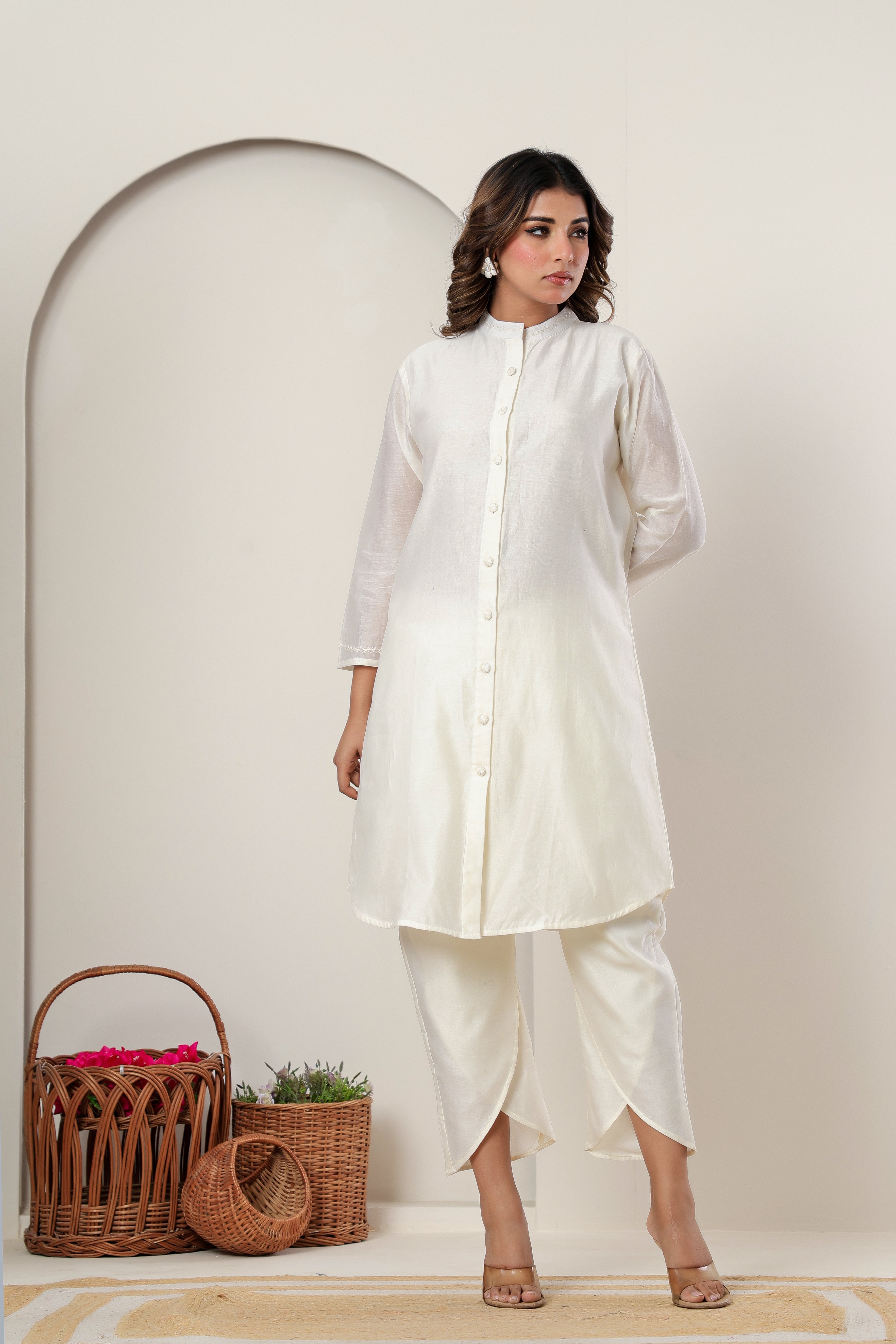 Embroidered Ivory Chanderi Silk Kurta Set with Tulip Pants