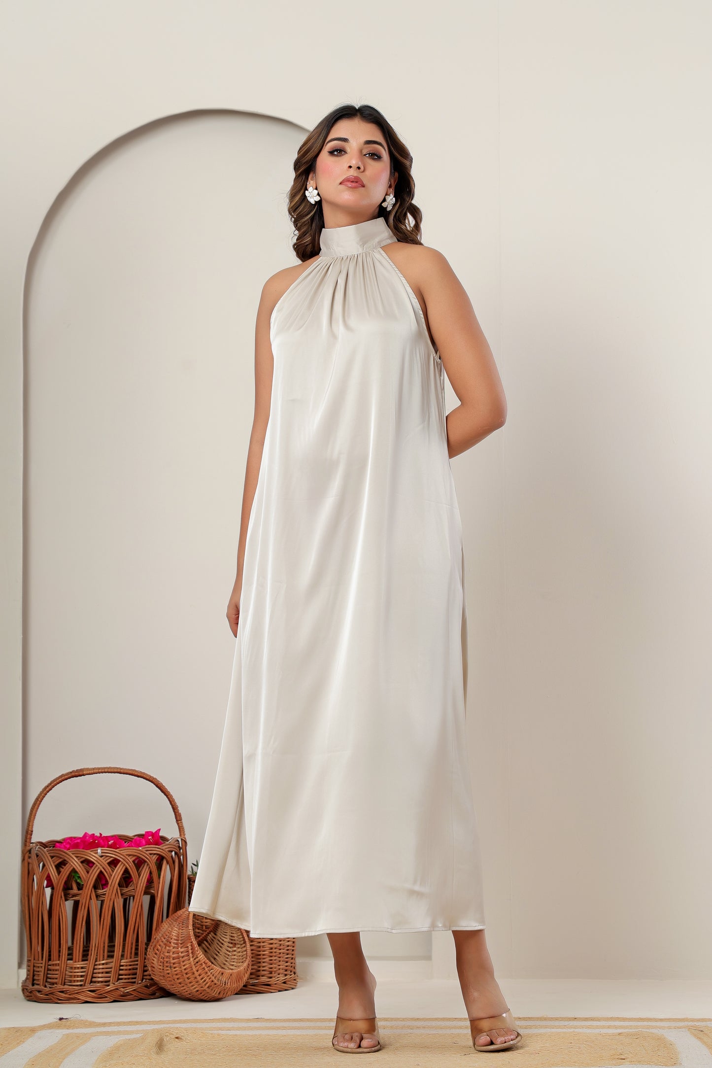 Premium Light Beige Taupe Satin High-Neck Maxi Dress | Women’s Formal & Cocktail Outfit (Copy)