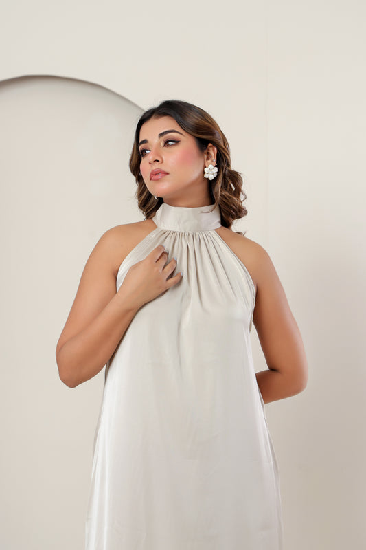 Beige Taupe Satin High-Neck Maxi Cocktail Dress