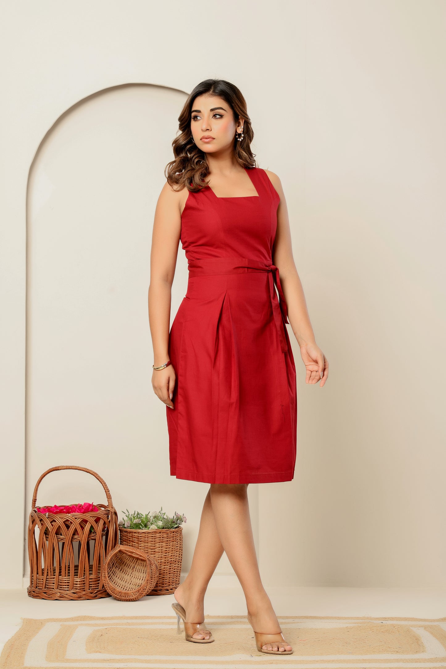 Women’s Burgundy Linen-Cotton Midi Dress with Belt – Sleeveless A-Line Sustainable Summer Outfit