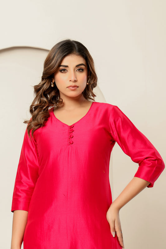 Fuchsia Chanderi Silk Kurta with Ivory Linen Satin Pants