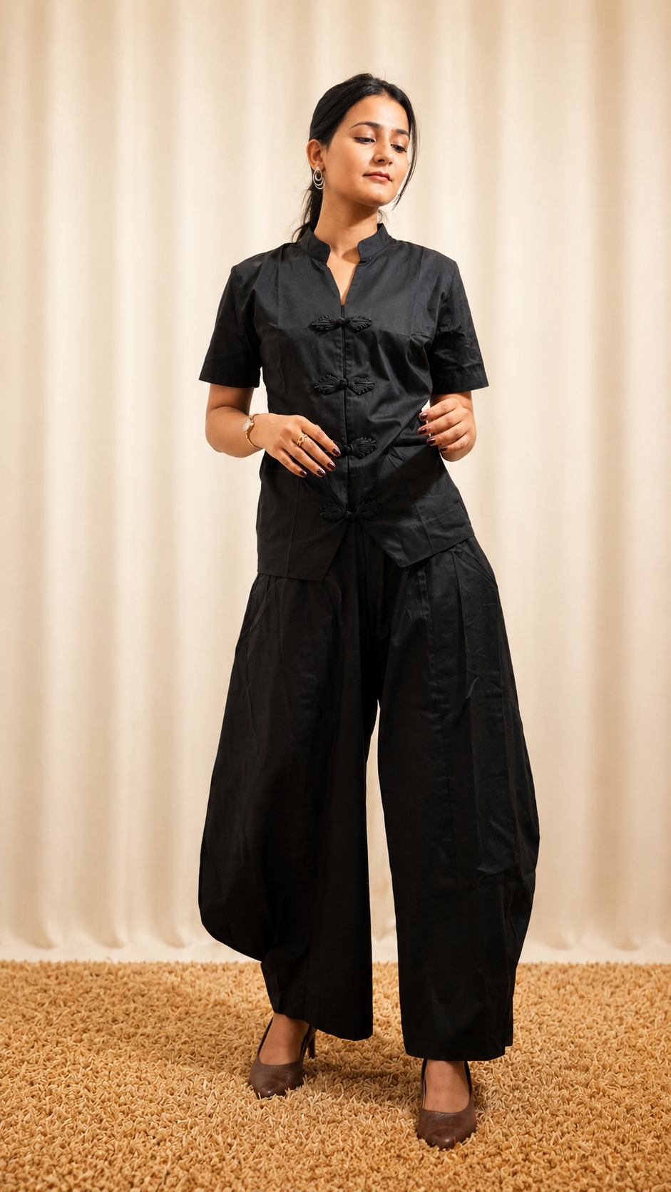 Viral Black Balloon Pant Co-ord | Giza Cotton Mandarin Top