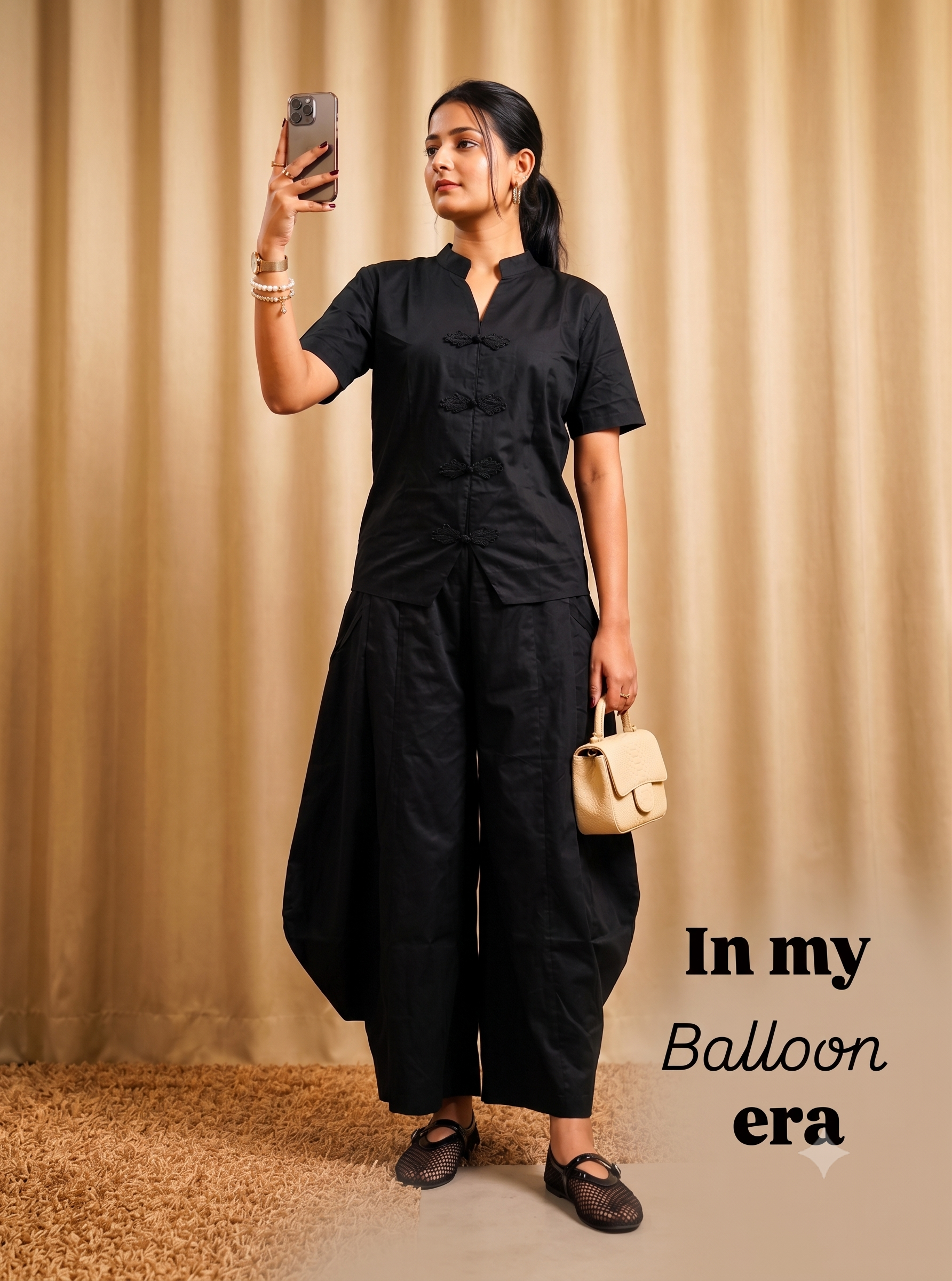 Viral Black Balloon Pant Co-ord | Giza Cotton Mandarin Top