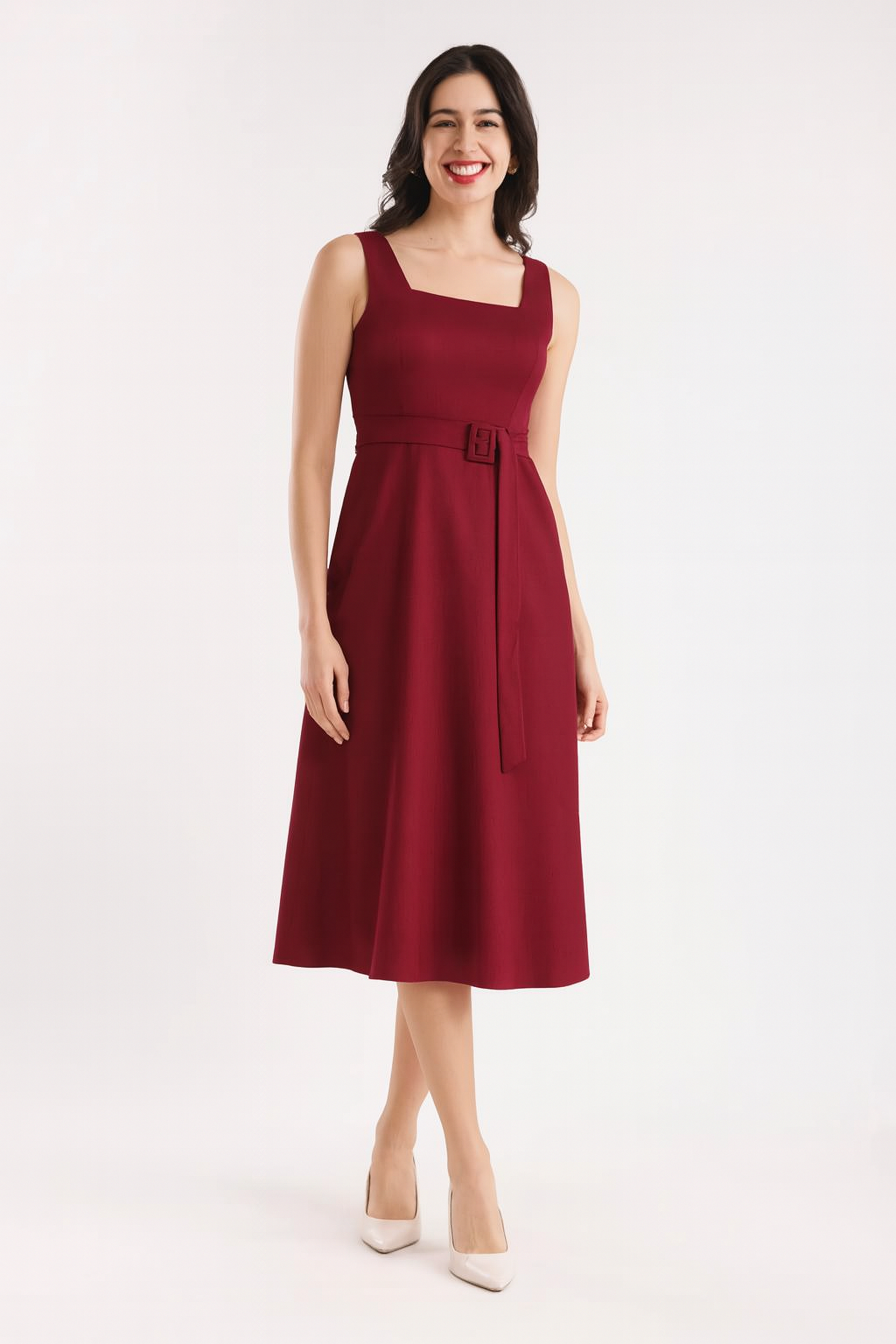 Women’s Burgundy Linen-Cotton Midi Dress with Belt – Sleeveless A-Line