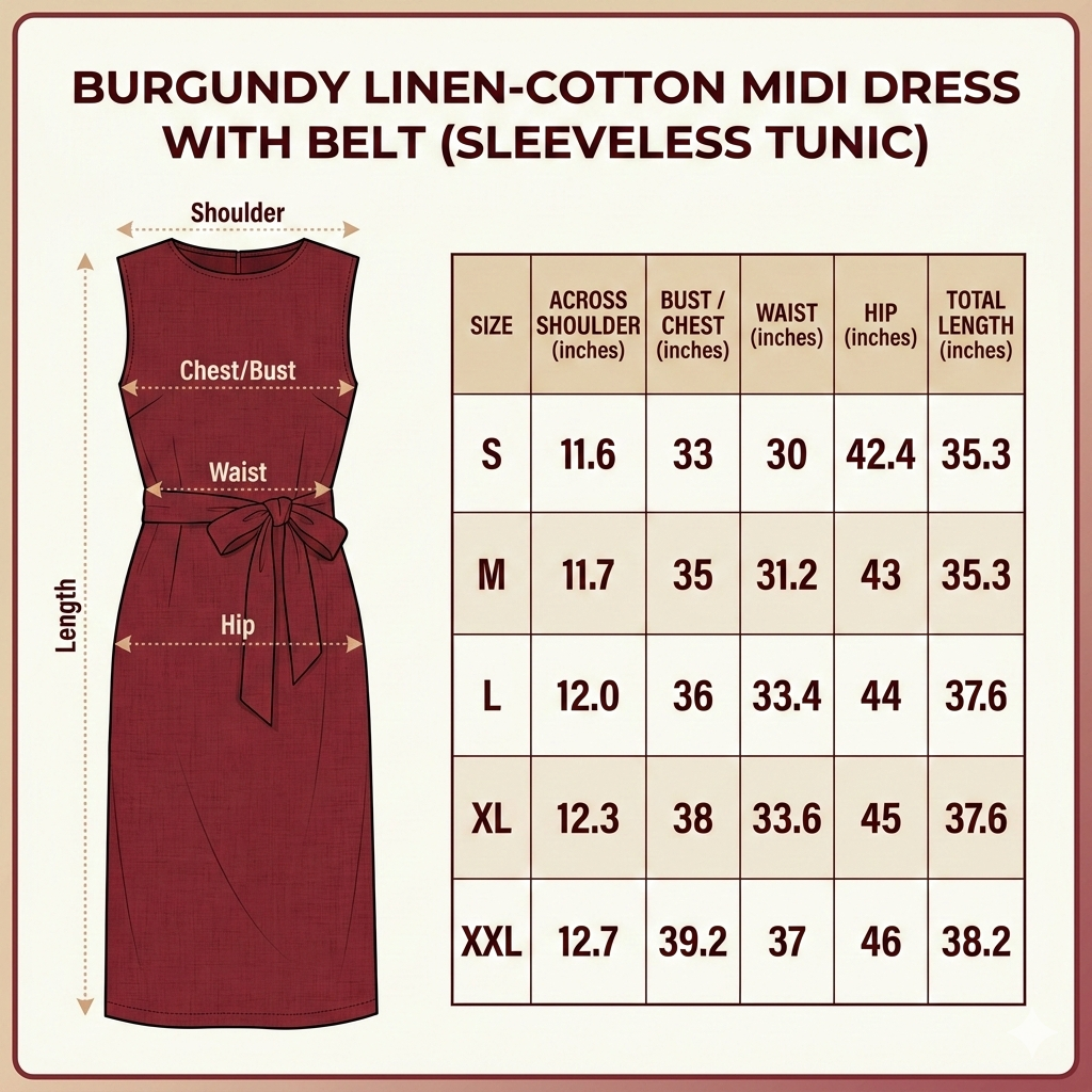 Burgundy Linen-Cotton Midi Dress with Belt