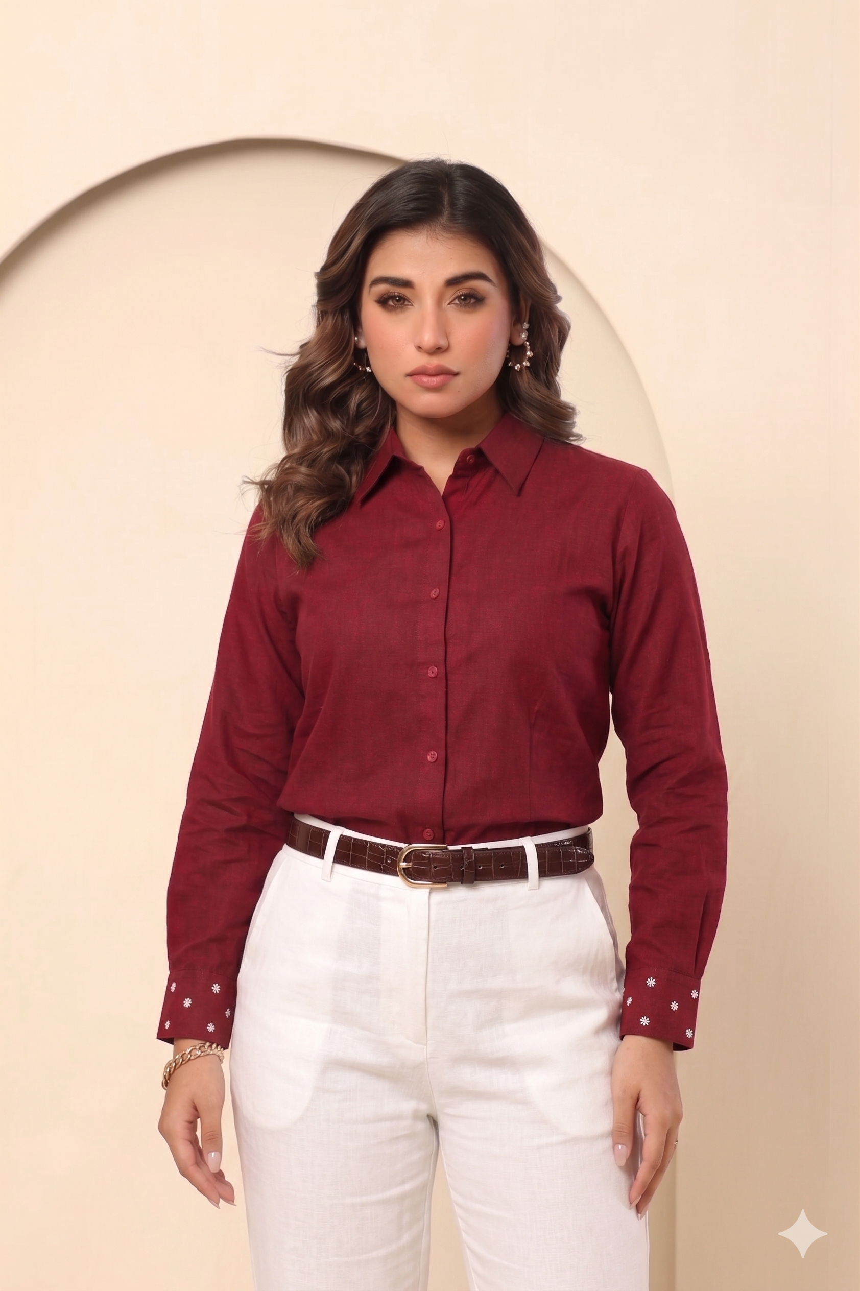 Crimson Linen Cotton Shirt | Daisy Embroidered Cuffs |