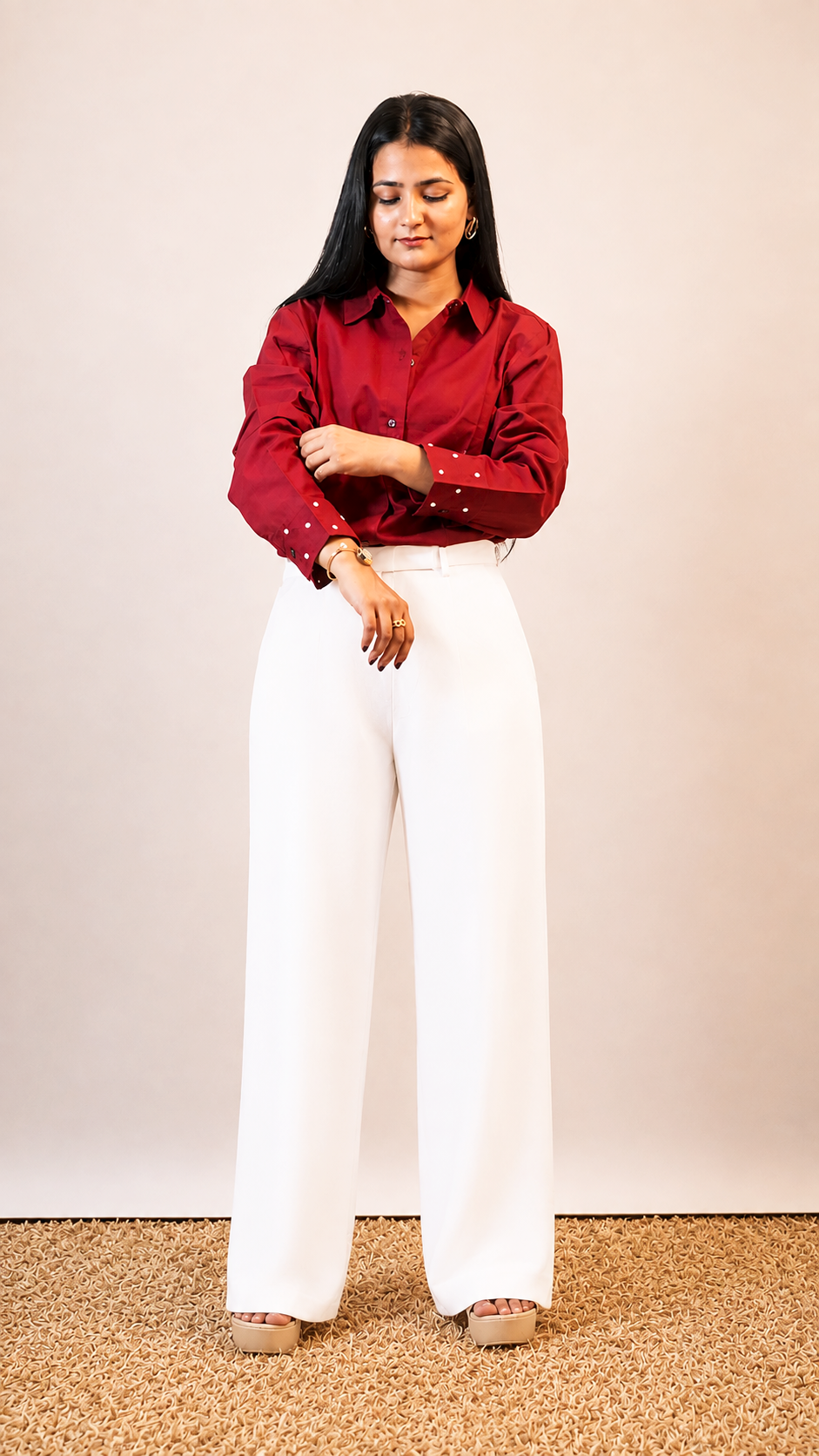 Crimson Linen Cotton Shirt | Daisy Embroidered Cuffs |