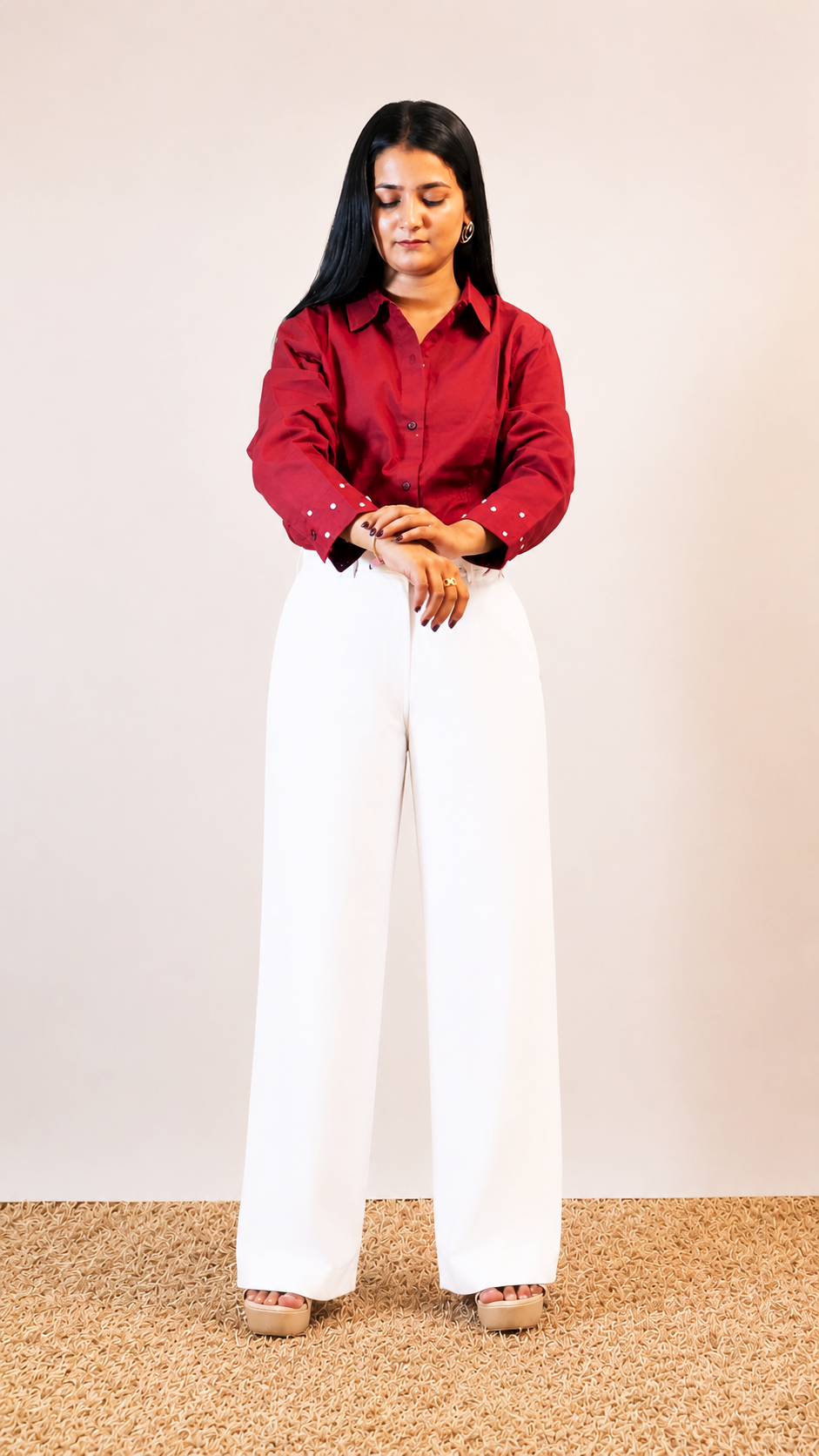 Crimson Linen Cotton Shirt | Daisy Embroidered Cuffs |