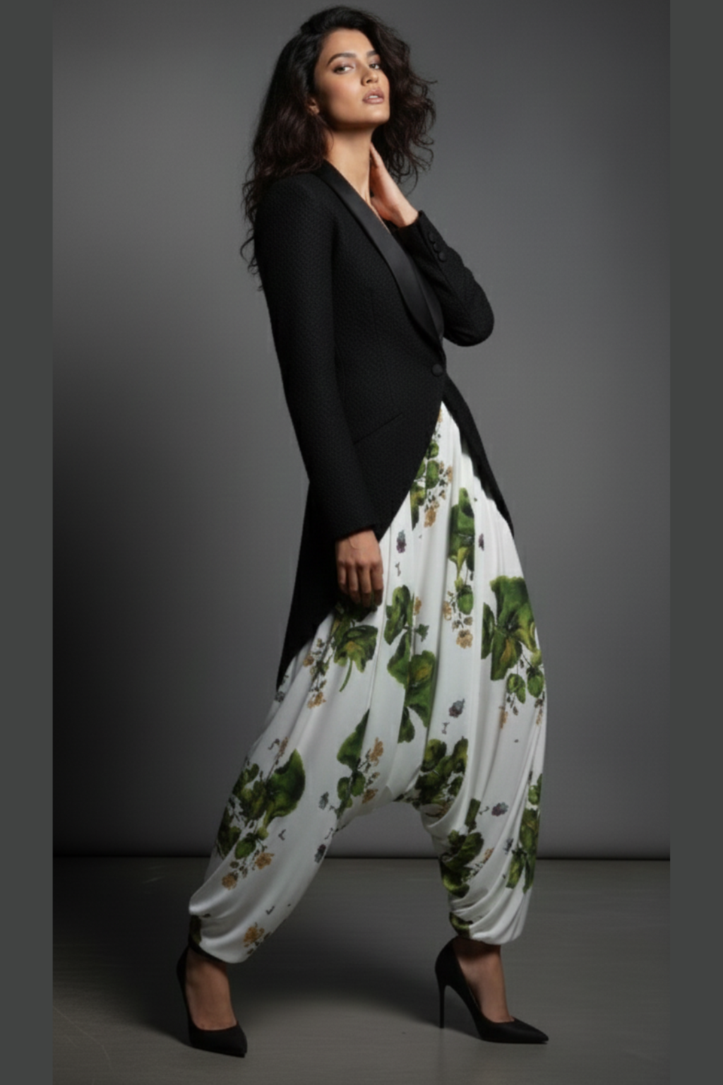 Lo-eh-weh-Inspired Black Wool Blazer & Floral Viscose Harem Set | Celebrity Designer Power Look