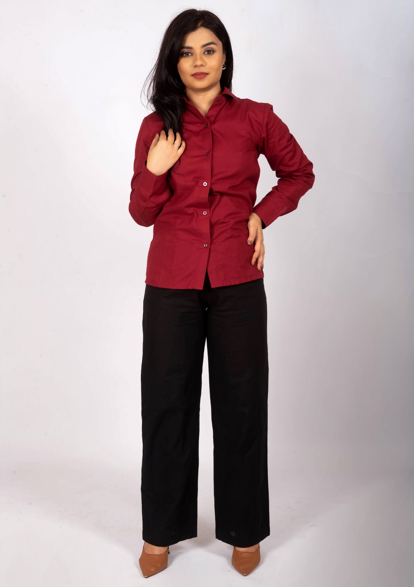 Crimson Red Classy Linen Shirt & Black Linen Office Pants – Women’s Premium Office Wear