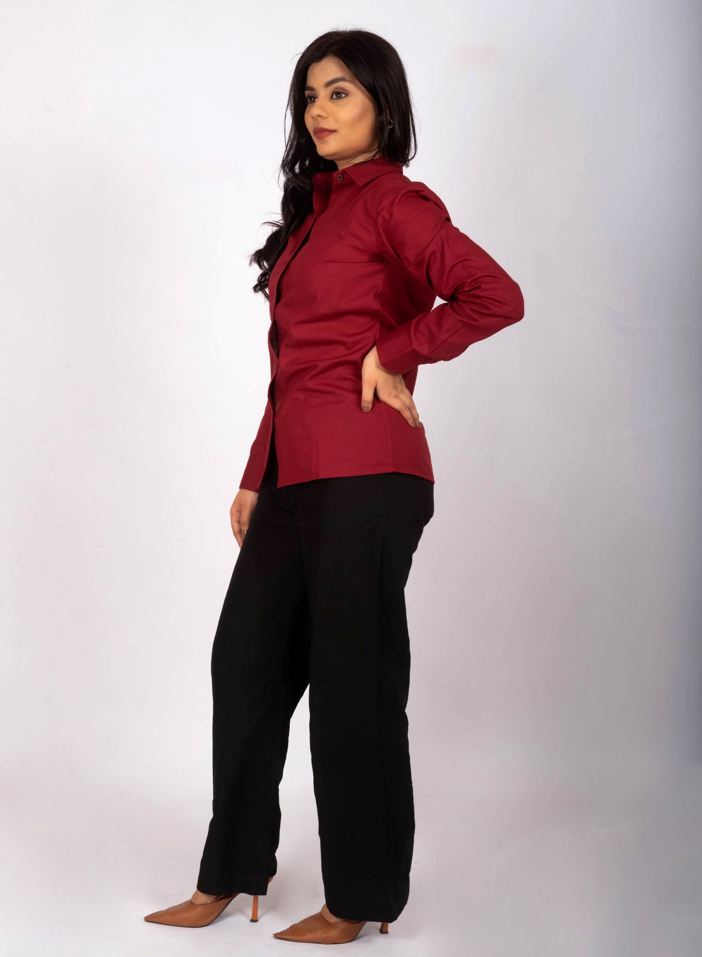 Crimson Red Classy Linen Shirt & Black Linen Office Pants – Women’s Premium Office Wear