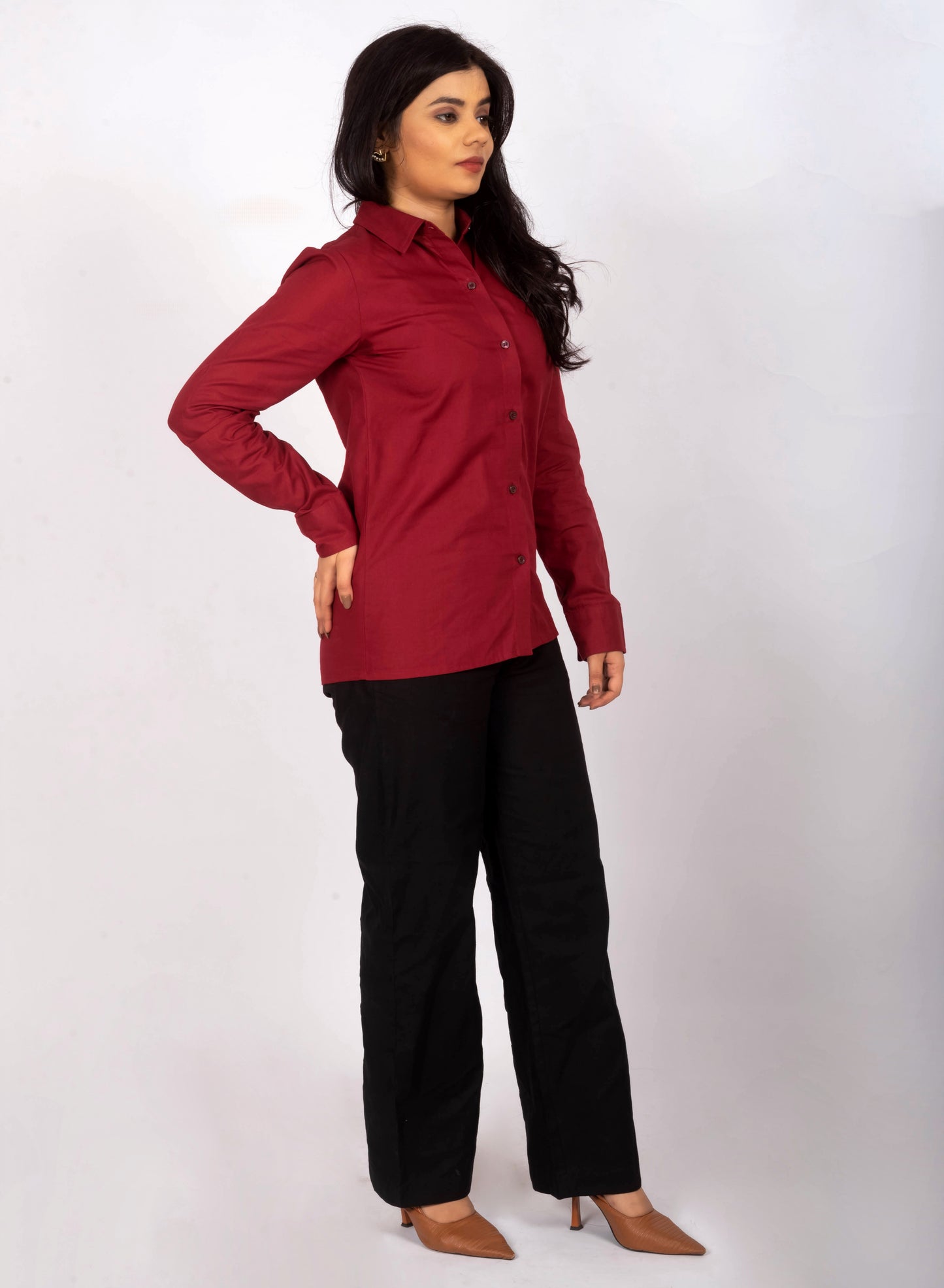 Crimson Red Classy Linen Shirt & Black Linen Office Pants – Women’s Premium Office Wear