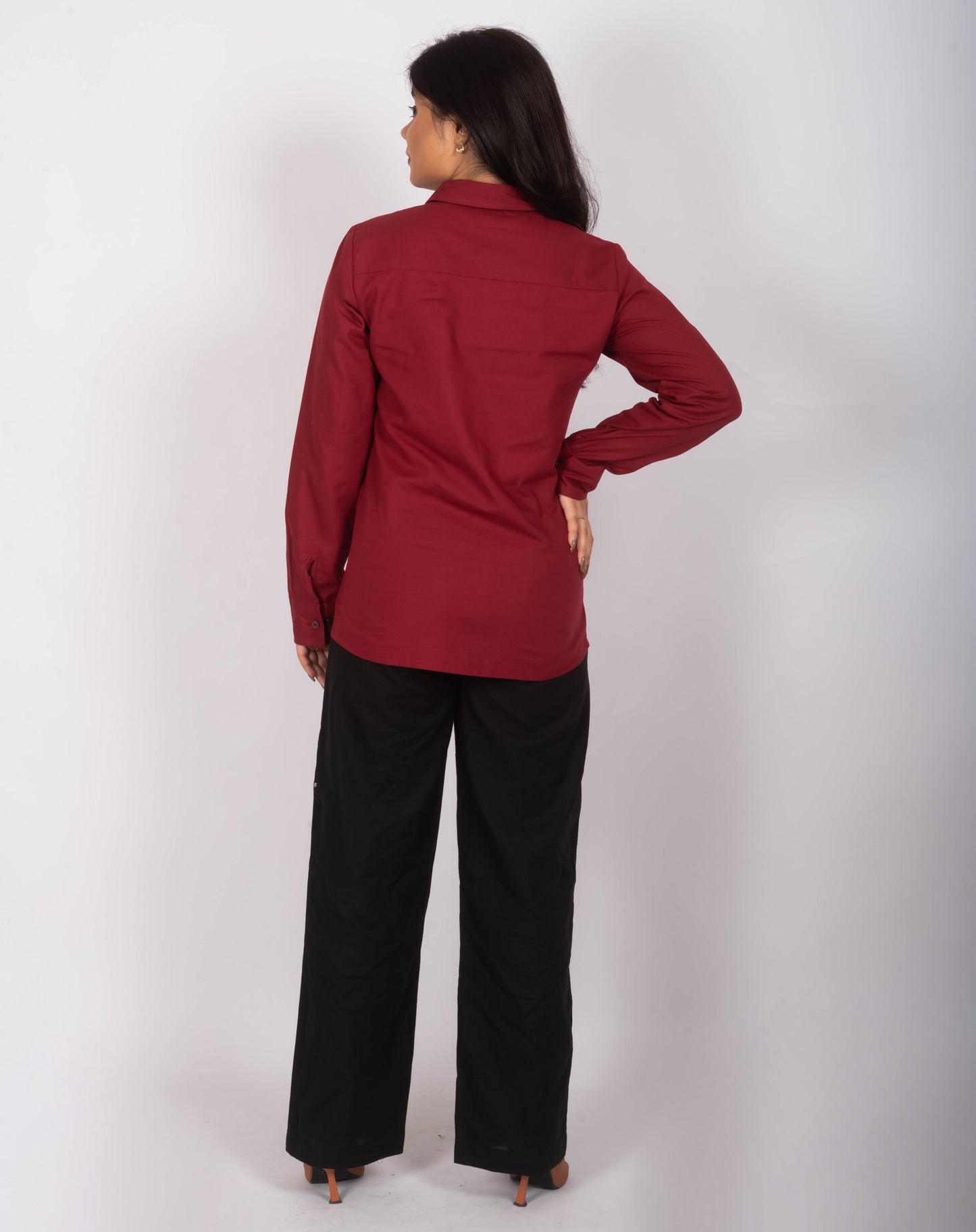 Crimson Red Classy Linen Shirt & Black Linen Office Pants – Women’s Premium Office Wear