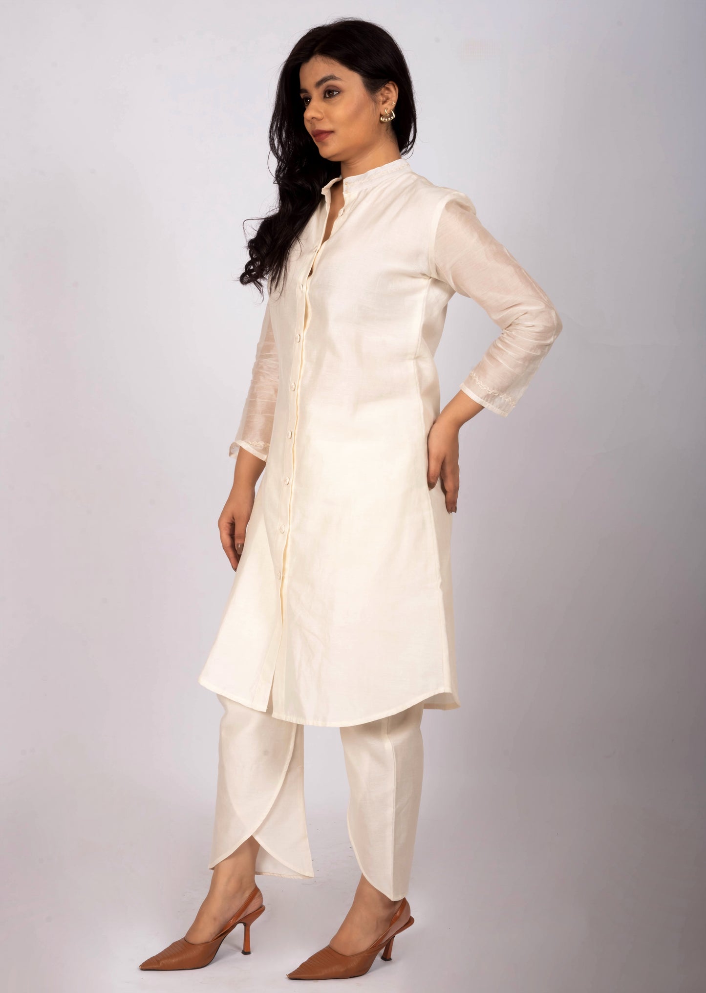 Ivory Chanderi Silk Apple cut Kurta Set for Women with Embroidered Buttons & Tulip Pants – Festive Ethnic Wear