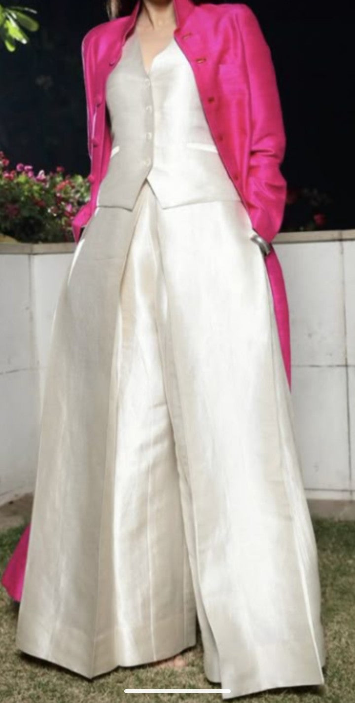Celebrity Inspired Raw Silk Ivory Waistcoat Pant Set with Fuchsia Jacket – Luxe Raw Silk Ensemble