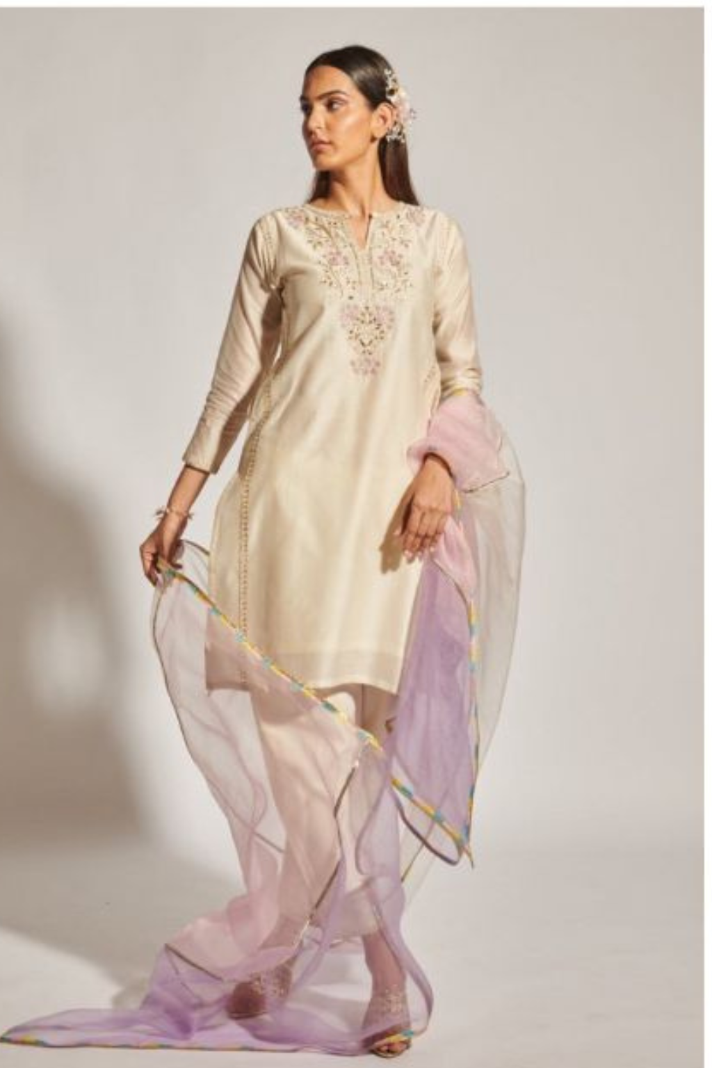 Ivory Blush Chanderi Silk Kurta Set with Organza Dupatta | Satvik Style