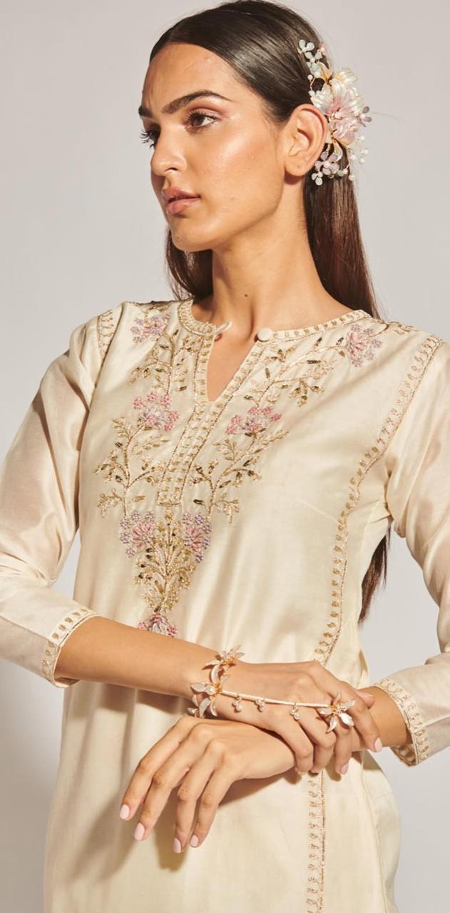 Ivory Blush Chanderi Silk Kurta Set with Organza Dupatta | Satvik Style