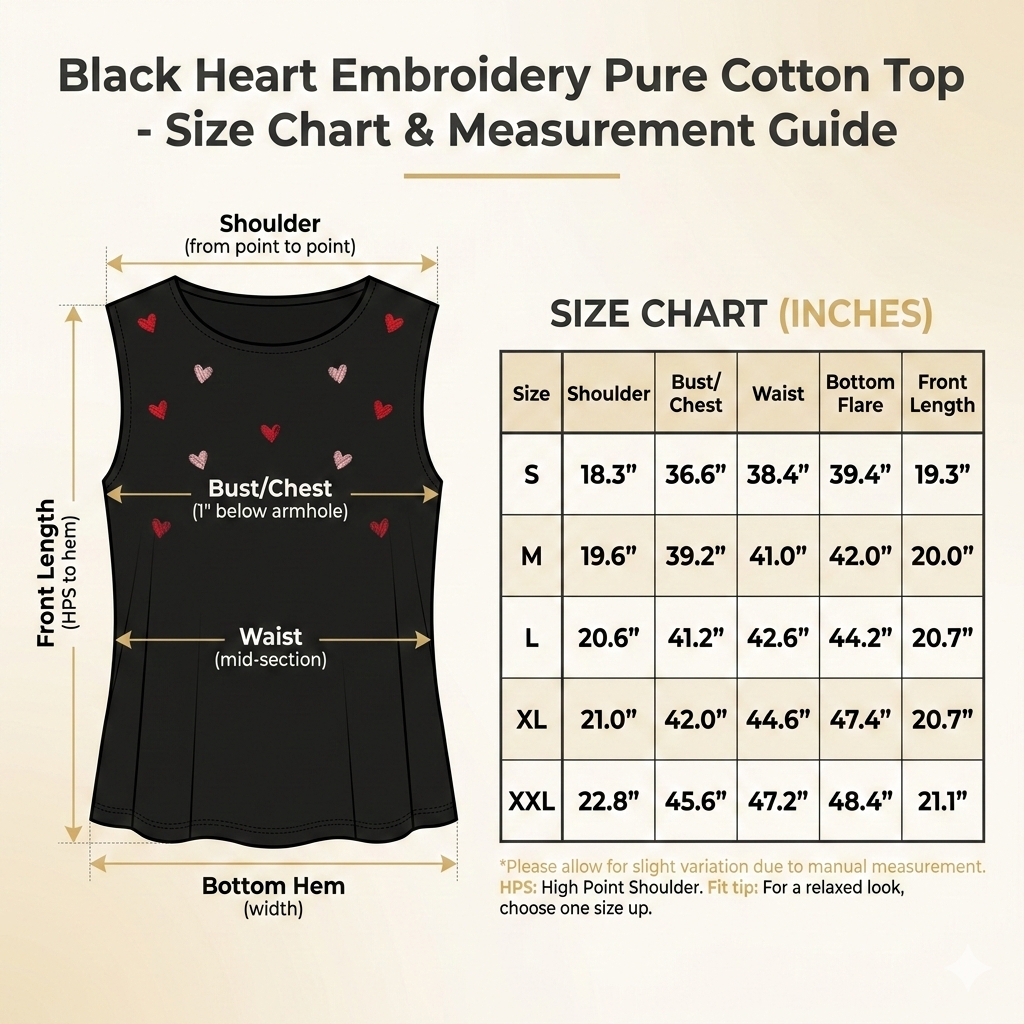 Black Heart Embroidery Pure Cotton Top