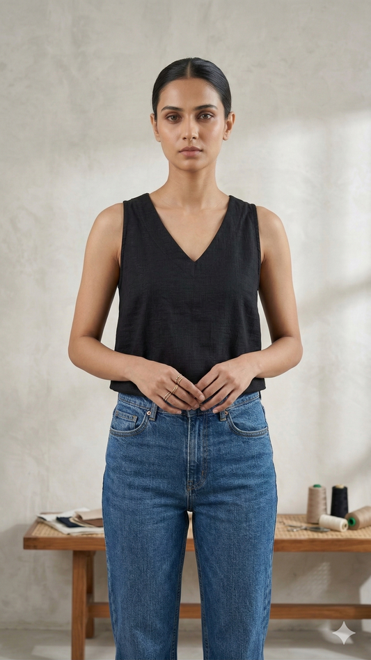 Women’s V-Neck black Pure Cotton Top- Soft & Breathable Summer Top