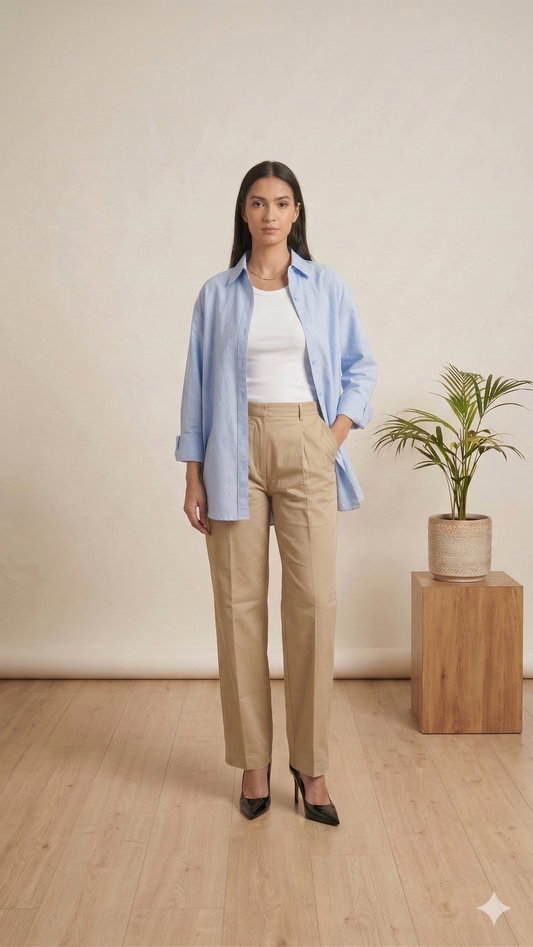 Azure Bloom Oversized Cotton Shirt with Beige Pants – Workwear with Premium Finish