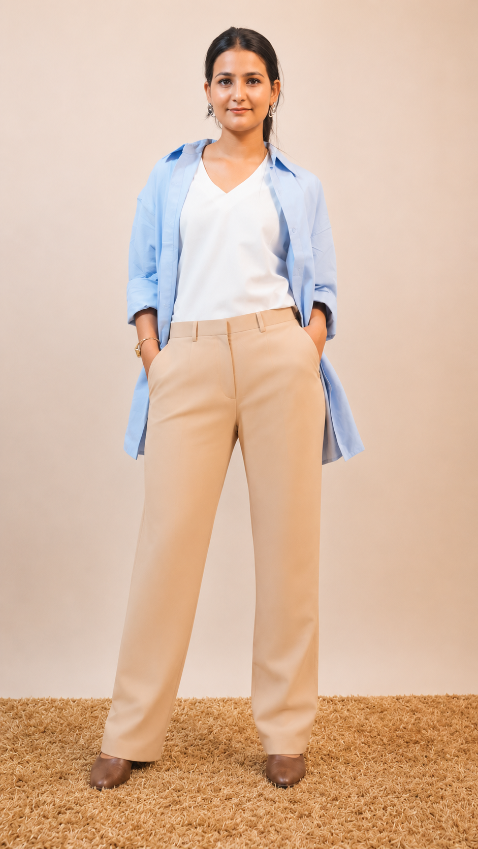 Powder Blue Oversized Cotton Shirt with Beige pants- Workwear with Premium Finish