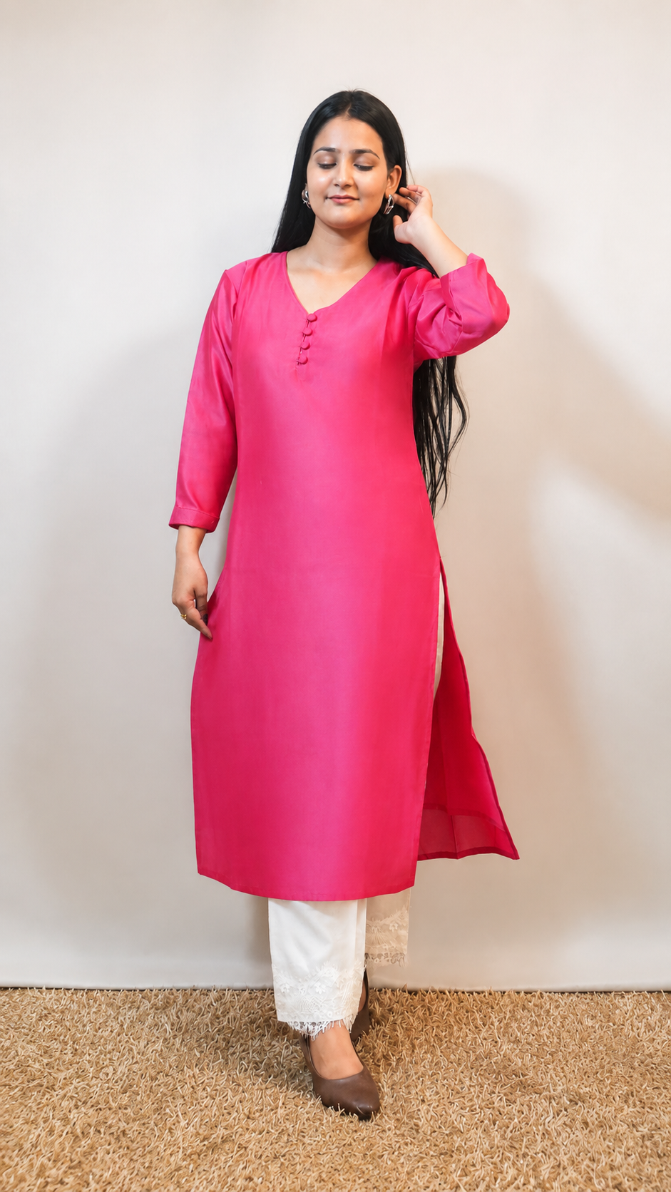 Fuchsia Chanderi Silk Kurta with Ivory Linen Satin Pants