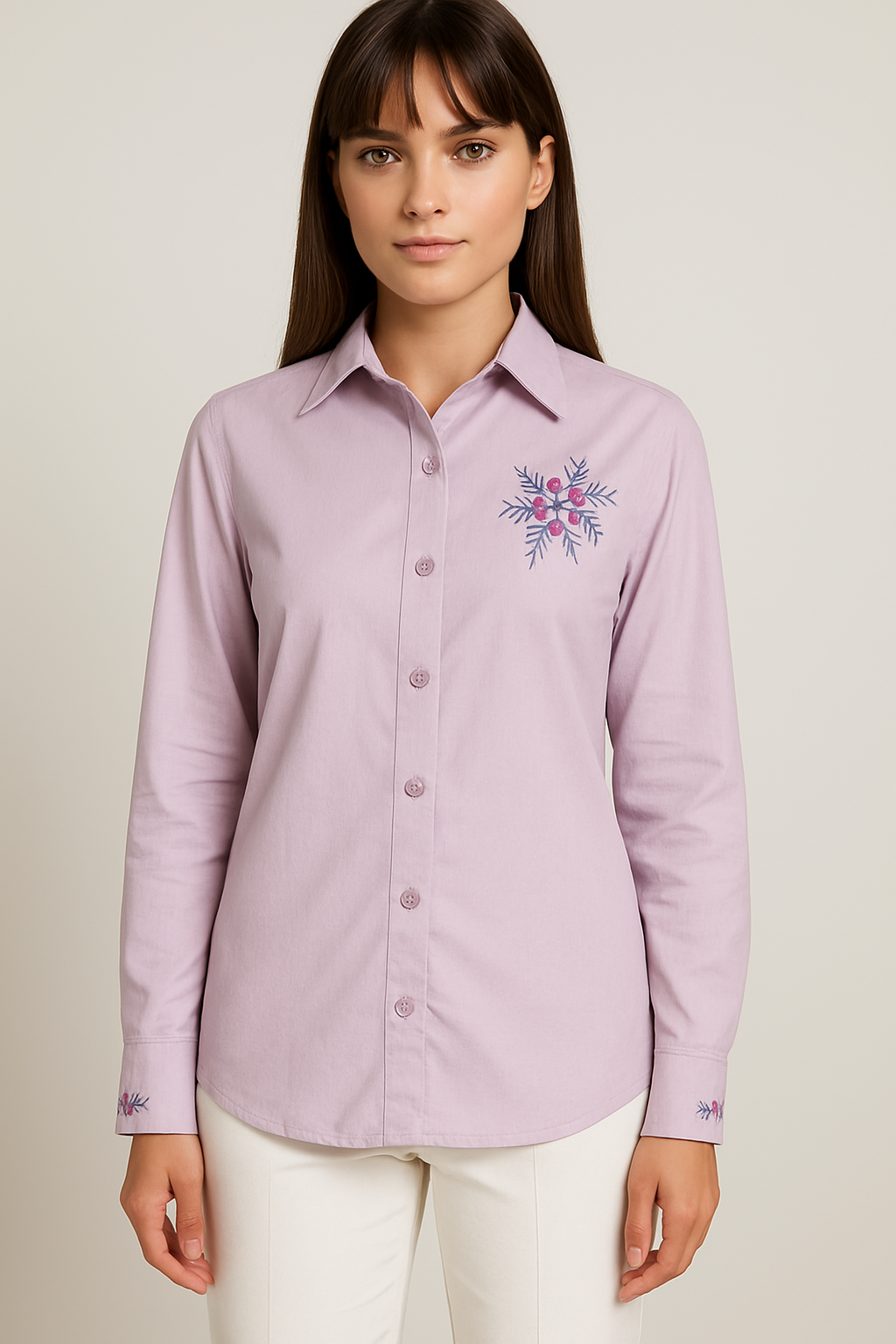 Classic Lavender Embroidered Cotton Shirt – Floral Charm for Work & Beyond