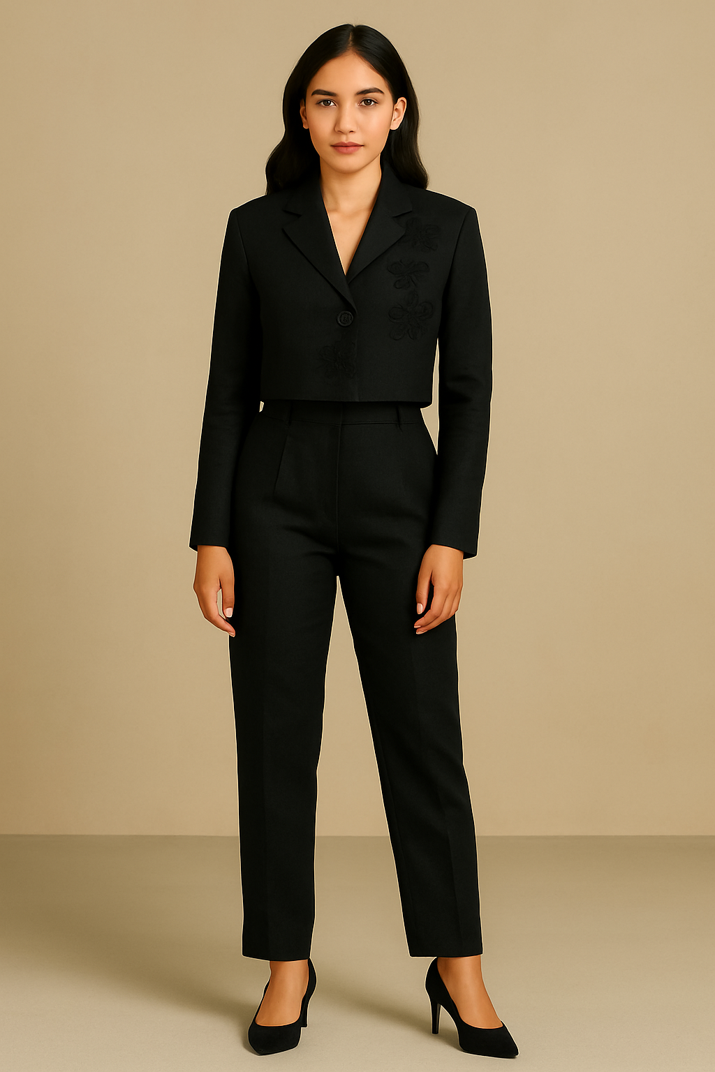 Midnight Petal – Black Linen Power Suit with Floral Embroidery