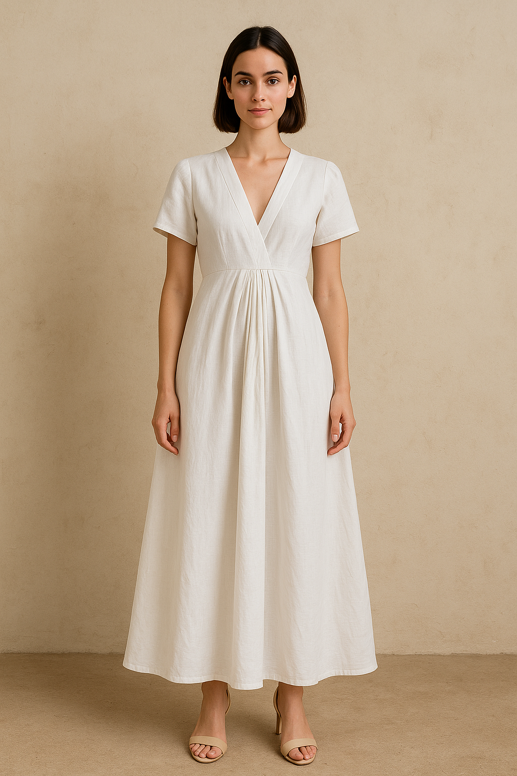 Linen A-Line V-Neck Maxi Dress – Pleated Fit & Flare Summer Wear