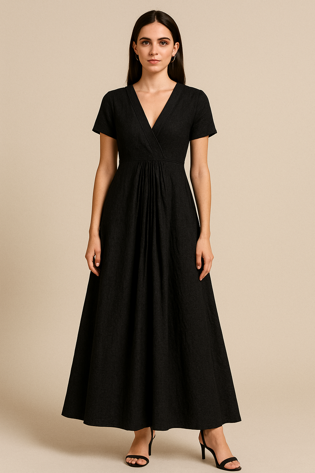 Linen A-Line V-Neck Maxi Dress – Pleated Fit & Flare Summer Wear