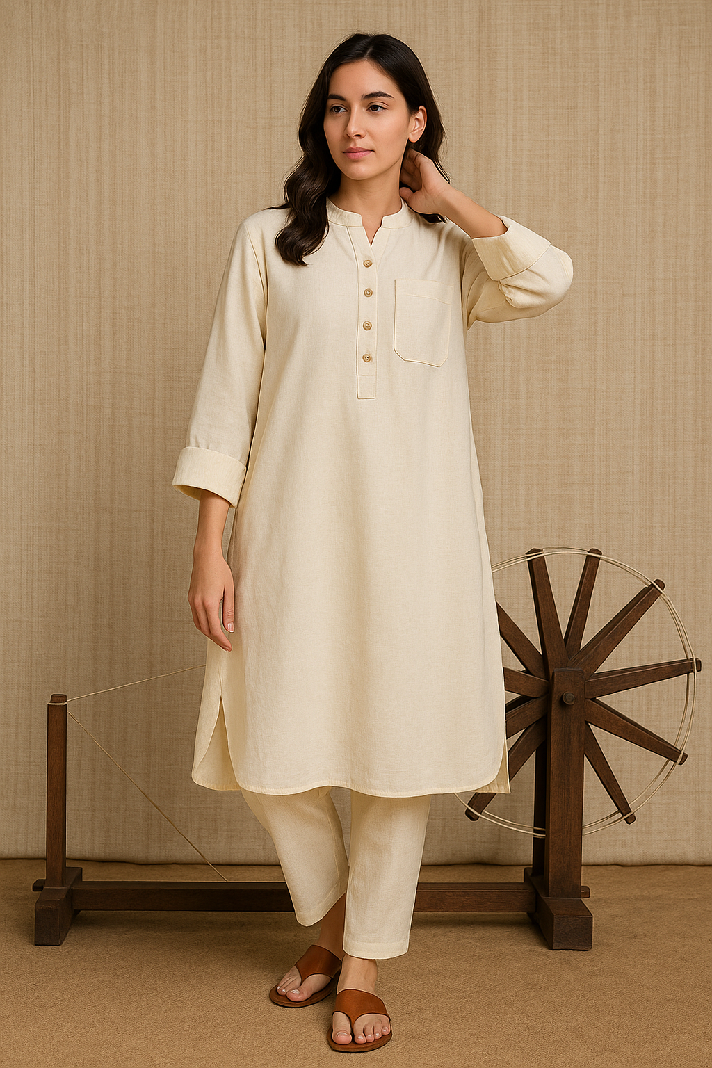 Sustainable Handloom Khadi Kurta Pant Set for Women – Natural Beige