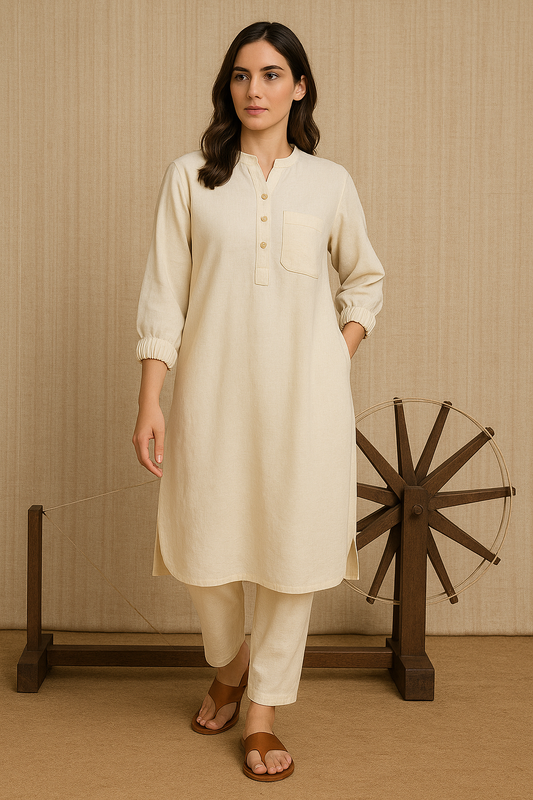 Sustainable Handloom Khadi Kurta Pant Set for Women – Natural Beige