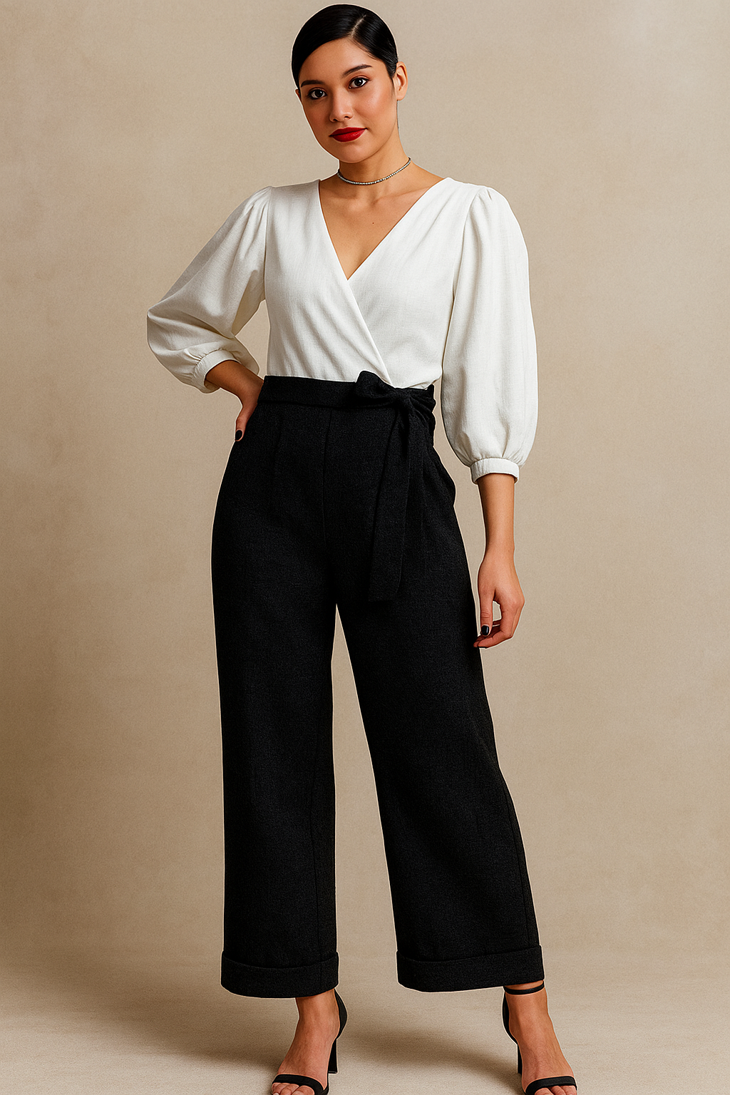 Women's White & Black Linen Wrap Jumpsuit with Belted Waist