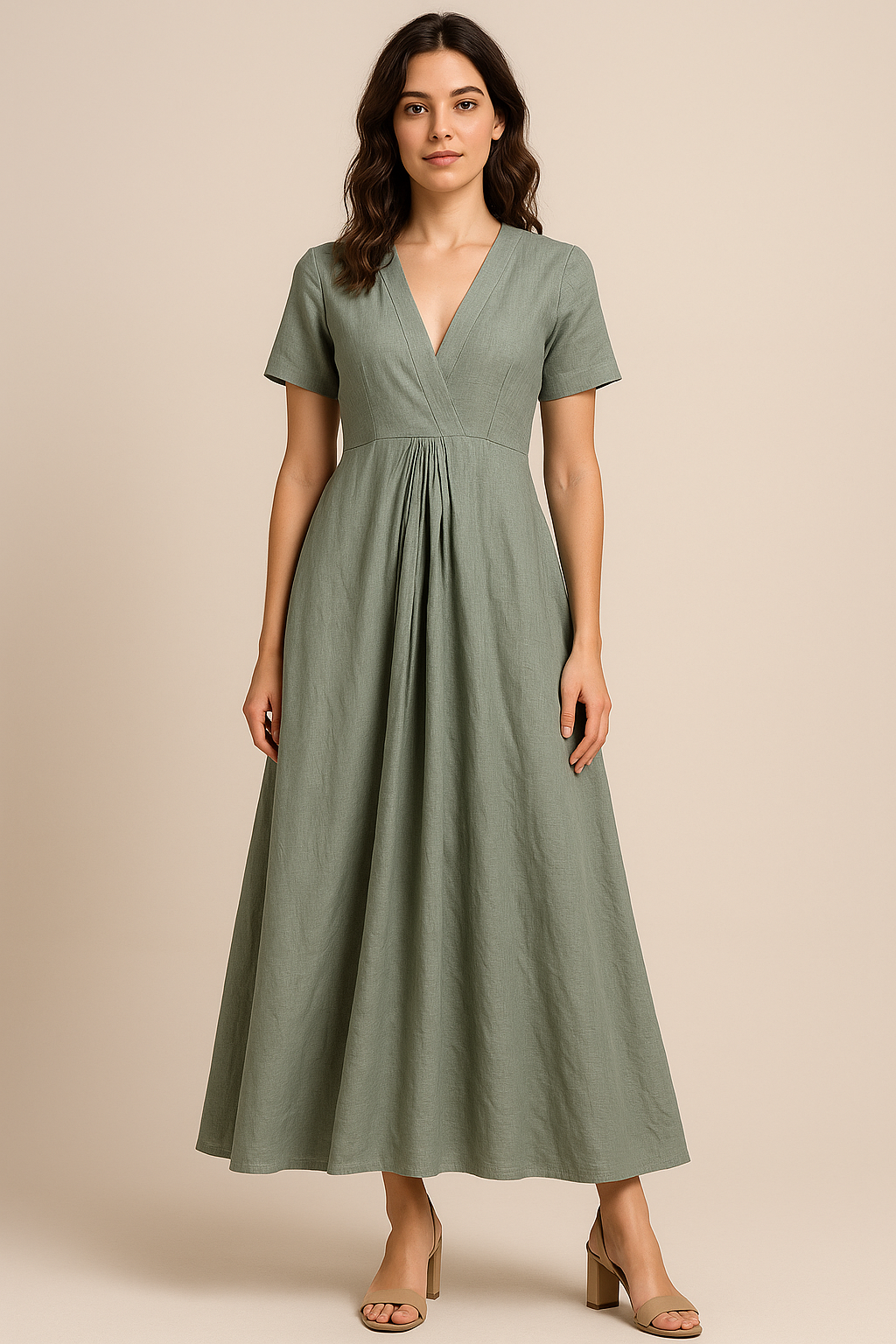 Linen A-Line V-Neck Maxi Dress – Pleated Fit & Flare Summer Wear