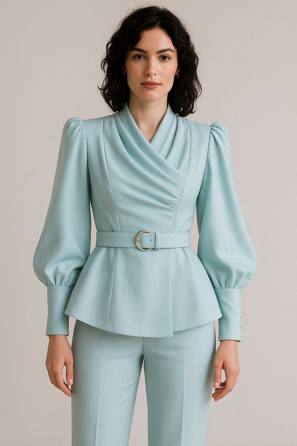 "Structured Linen Wrap Top & Trousers Co-ord for Curvy Body"
