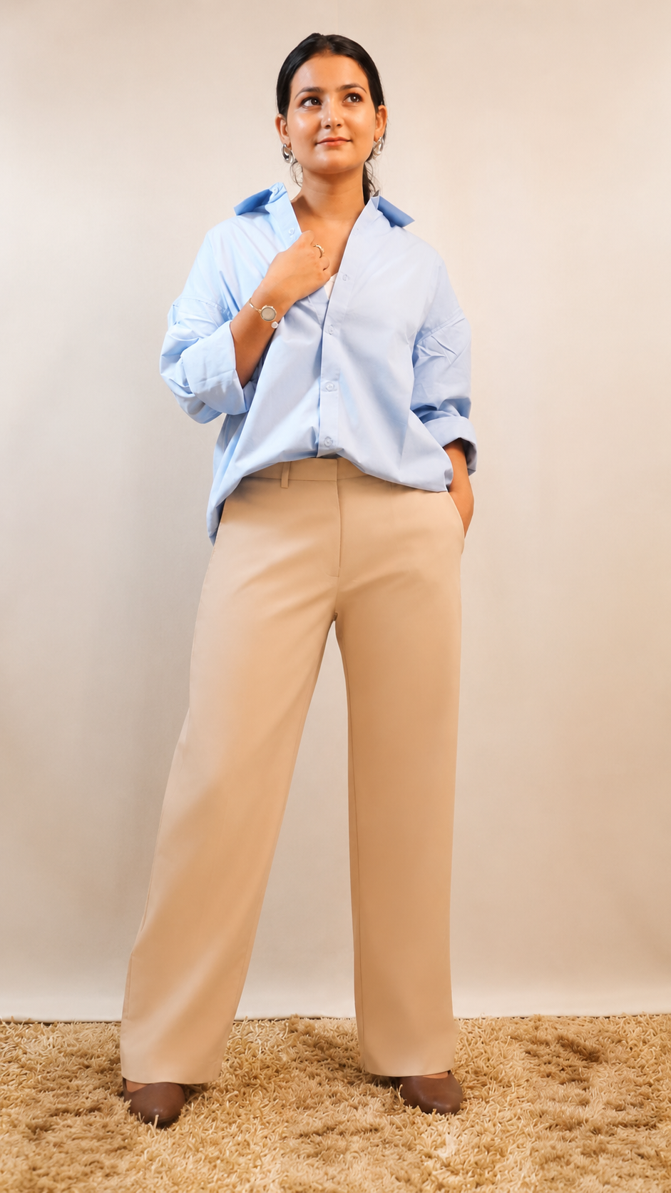 Powder Blue Oversized Cotton Shirt with Beige pants- Workwear with Premium Finish