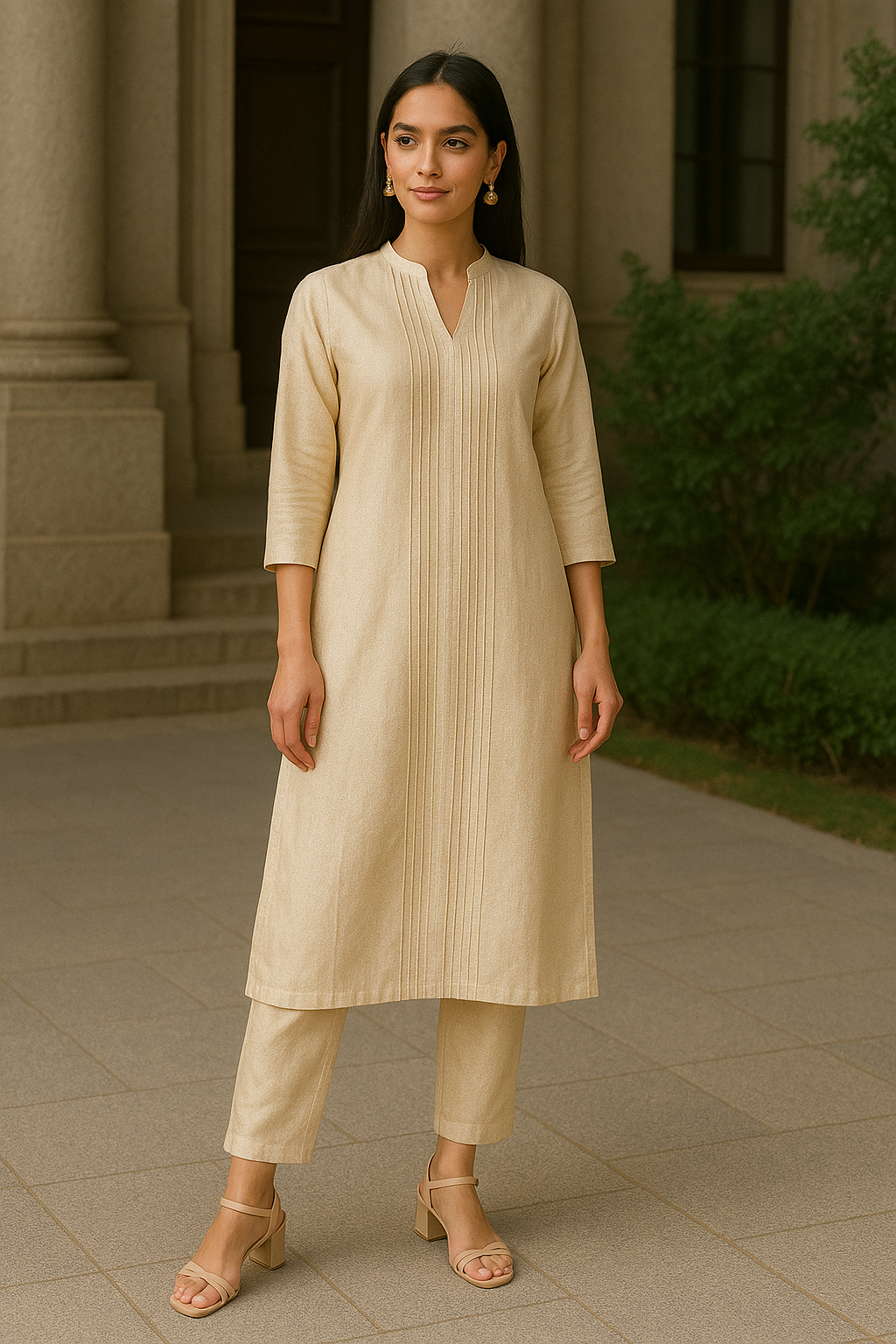 Chanderi Silk Kurta Set for Women – Light Beige Ethnic Outfit with Pintex Finish