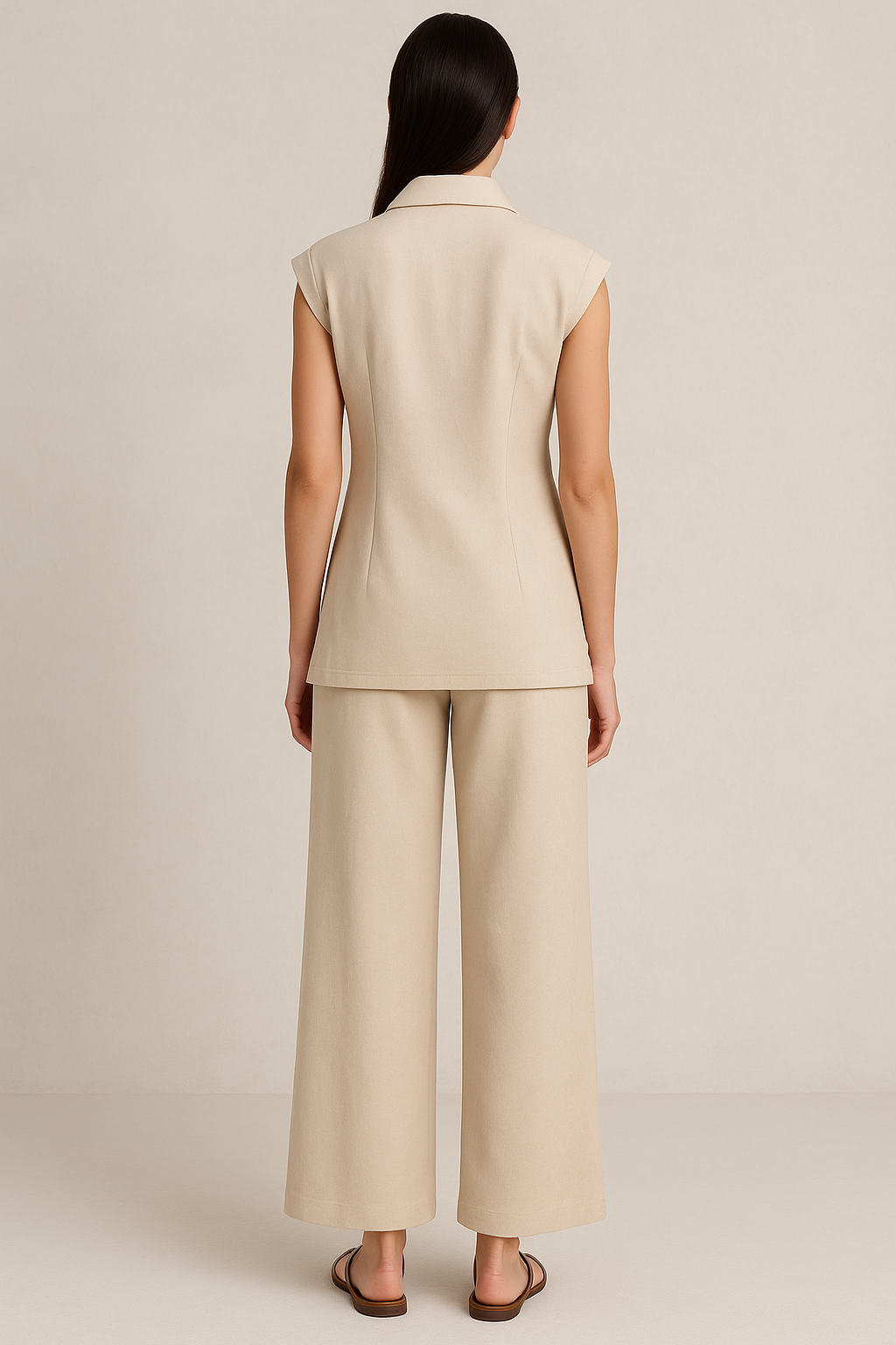 “Beige Sculpted Overlap Set – Linen Co-ord with Collar Detail”