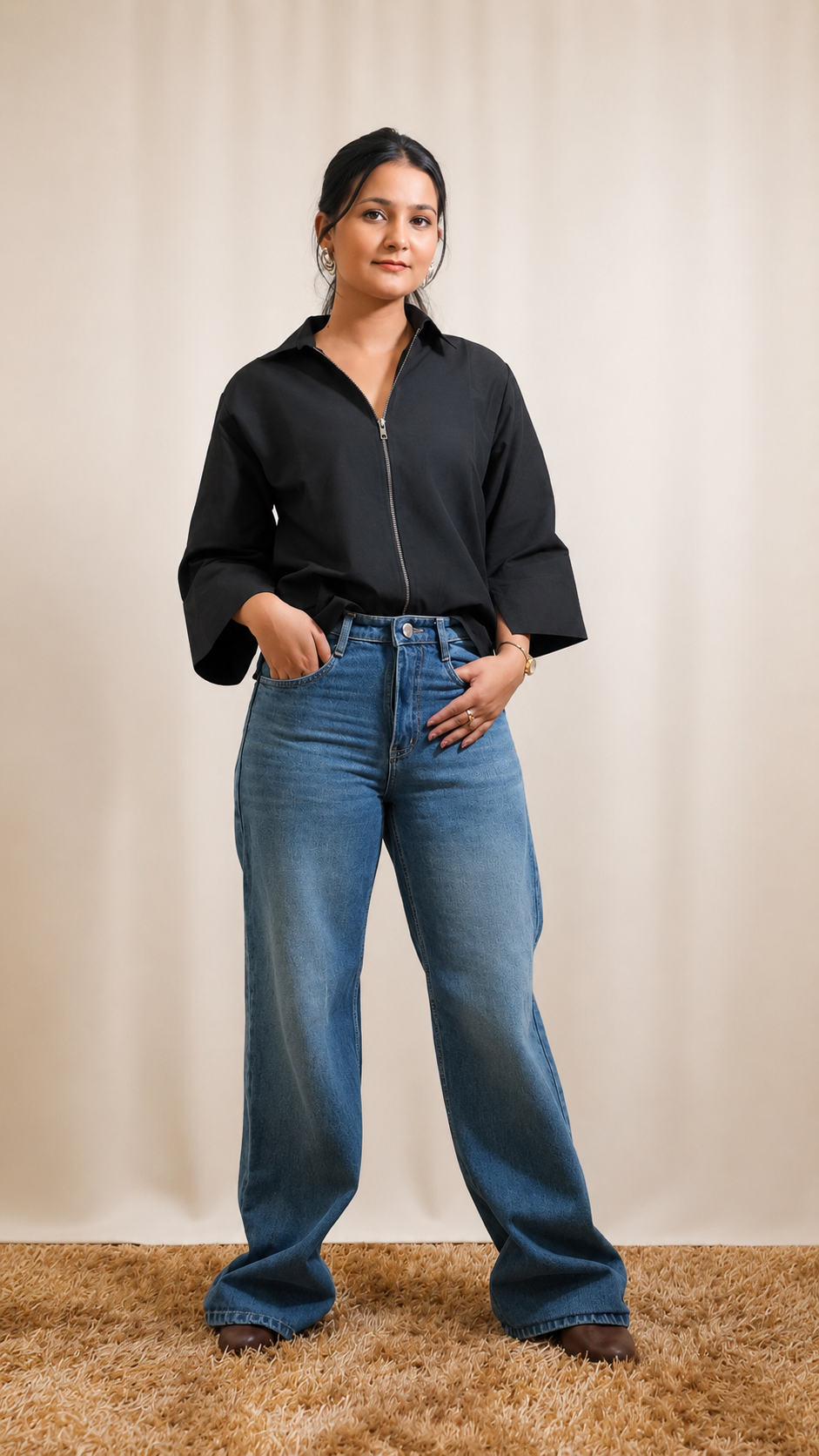 Raw Silk Zipper Shirt Top