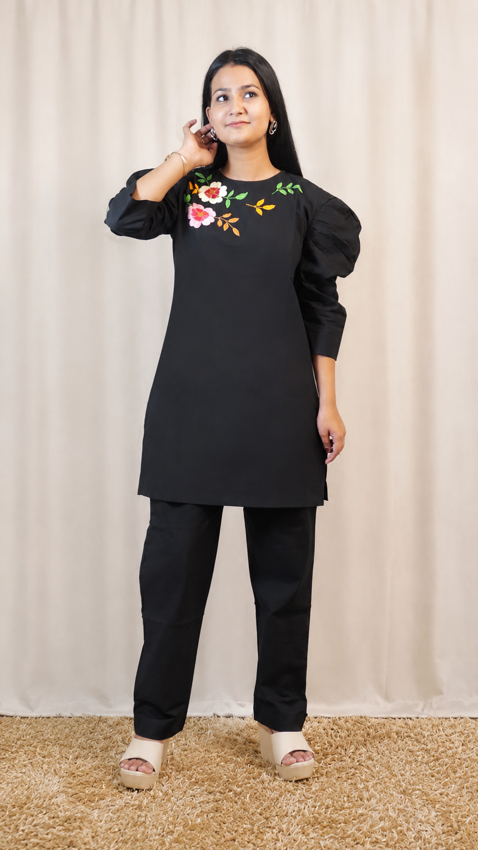 Embroidered Bishop Sleeve Linen Cotton Co-Ord Set