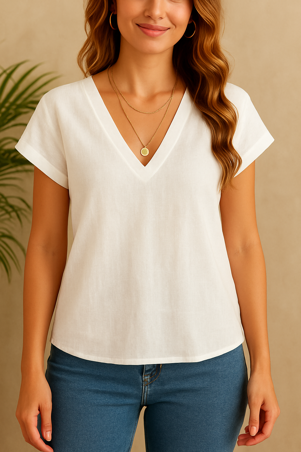 Women’s V-Neck White Linen T-shirt– Soft & Breathable Summer Top