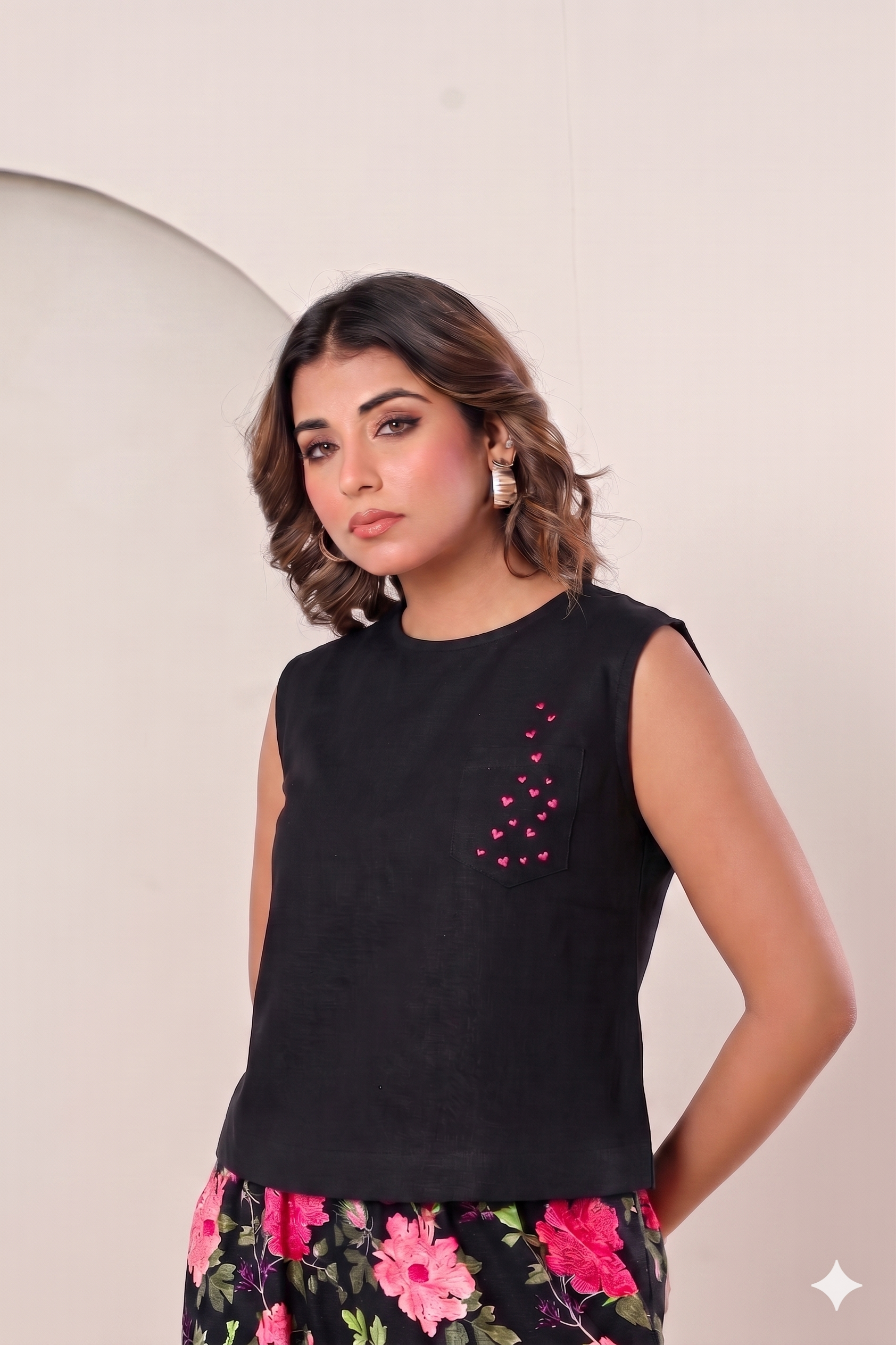 Black Heart Embroidery Pure Cotton Top