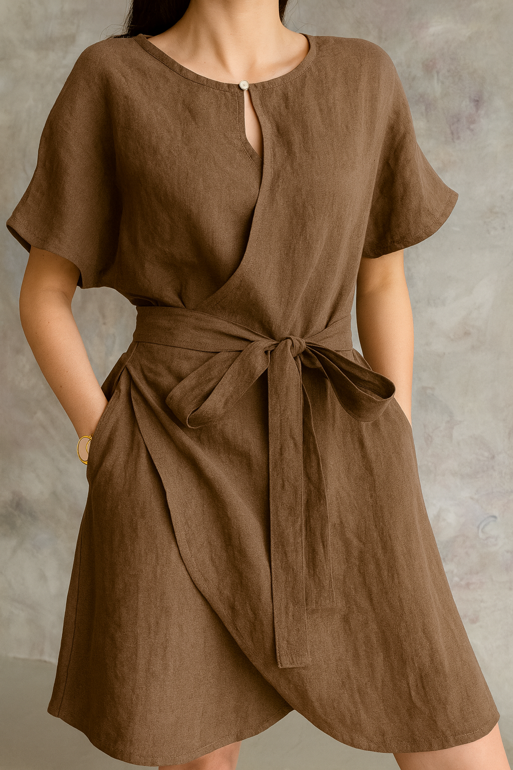 Mocha Mousse Linen Wrap Midi Dress – Sustainable Fit & Flare Style for Women